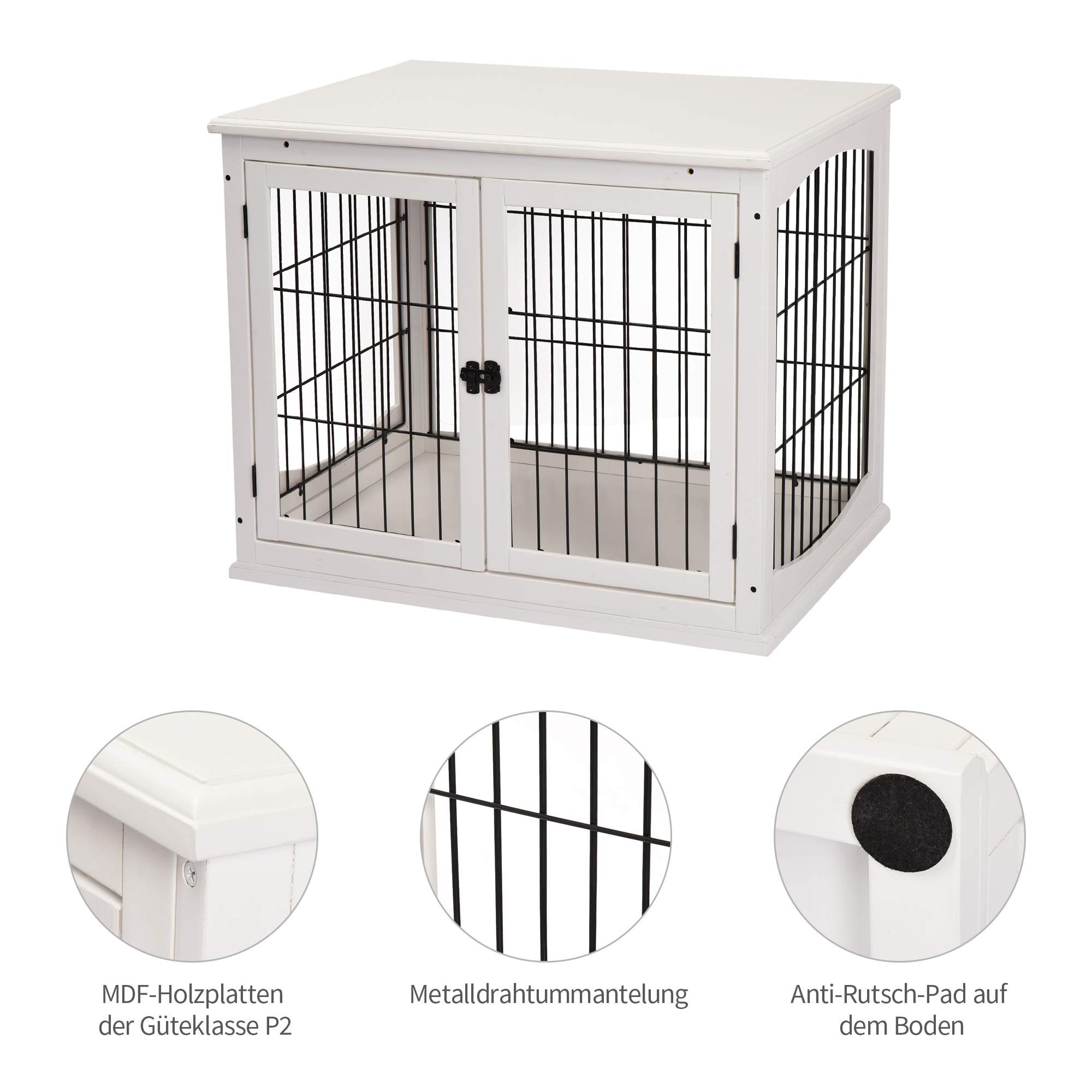 PawHut Hundekäfig Möbel mit 2 Eingängen Moderne MDF Hundebox für Zuhause Indoor Hundehütte für mittelgroße und kleine Hunde bis zu 20 kg Hundehaus 58,5x81x66 cm Weiß