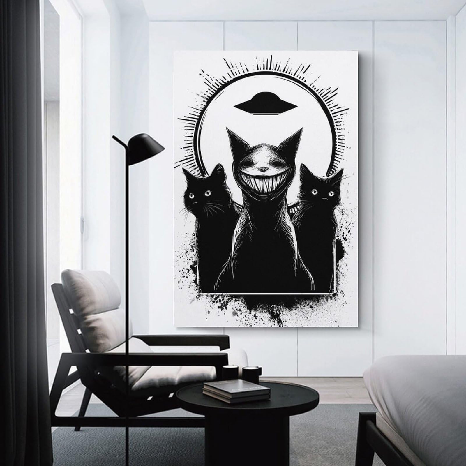 Junmoney Room Decor Wall Art Creepy Cats And UFO, 20x30inch(50x75cm), for Home Office, Desk Area Or Studio, An Interior Accent for Desk Areas