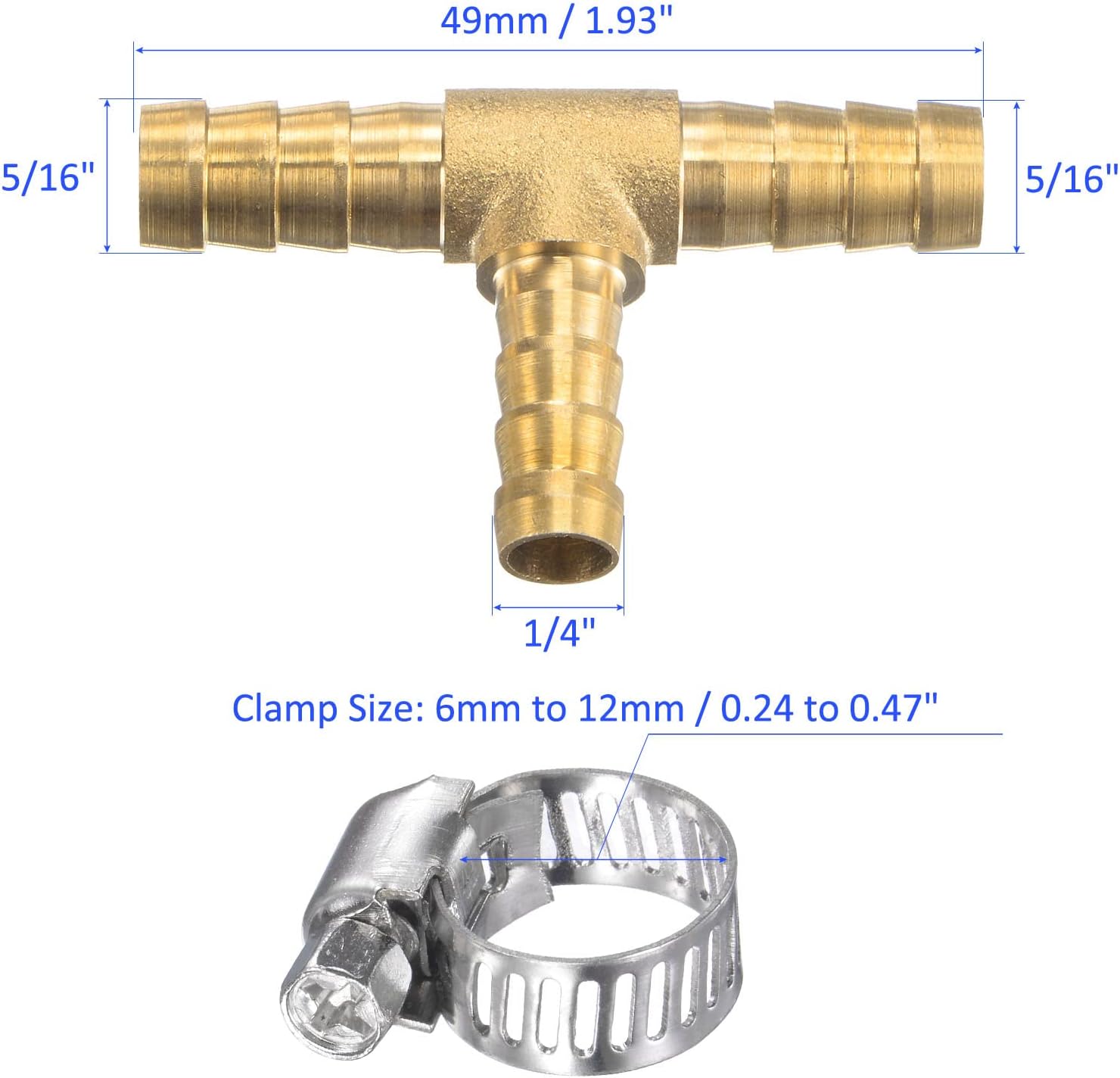 M METERXITY 2 Set Brass Hose Barb Fittings - 5/16" x 5/16" x 1/4" OD Brass Pipe Connector with Hose Clamps Apply to Water Fuel (T Shaped 3 Way)