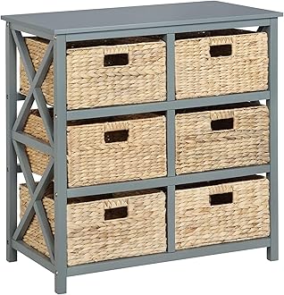 eHemco 3 Tier X-Side End Storage Cabinet with 6 Wicker Baskets, Gray