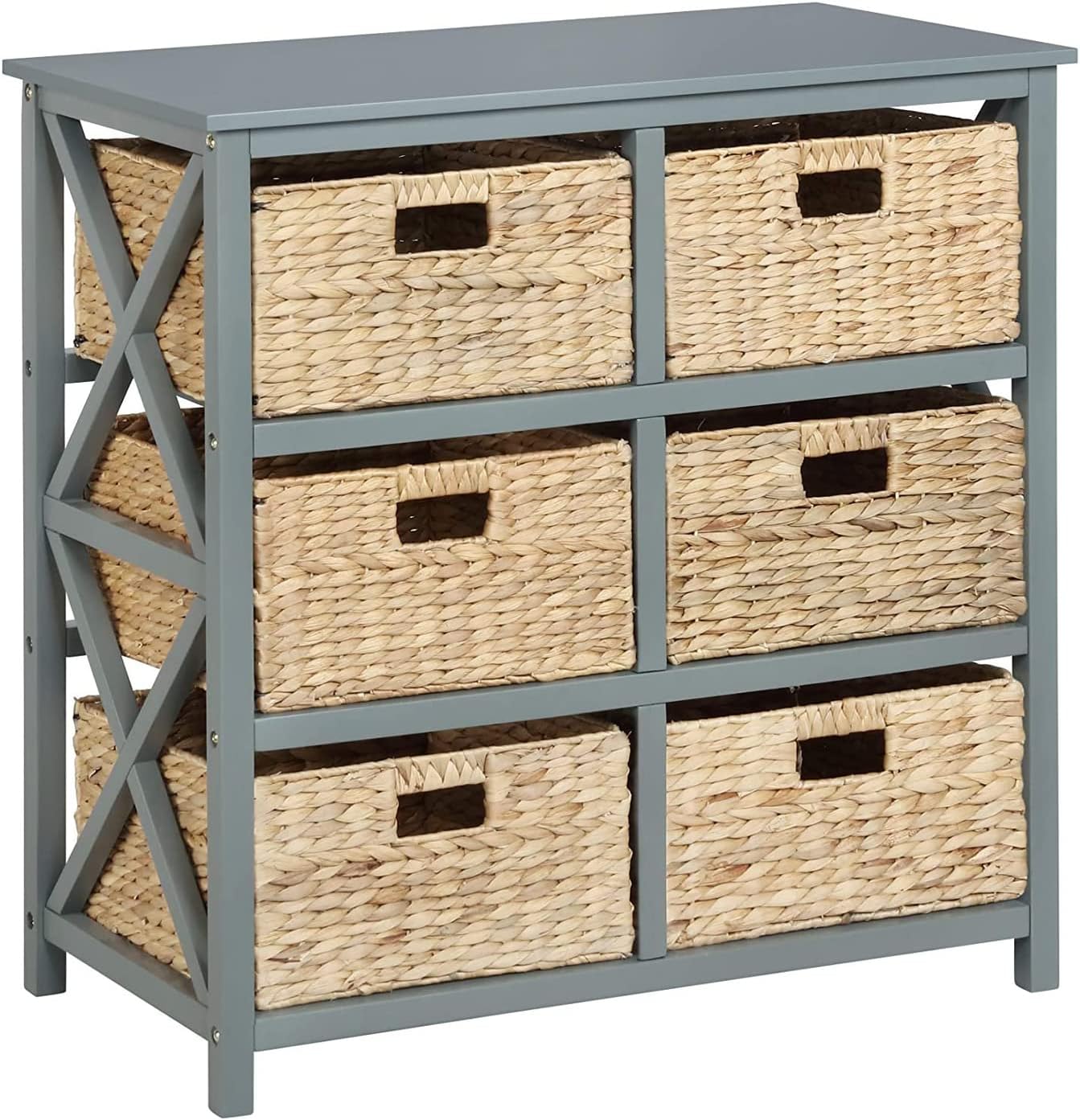 eHemco 3 Tier X-Side End Storage Cabinet with 6 Wicker Baskets, Gray