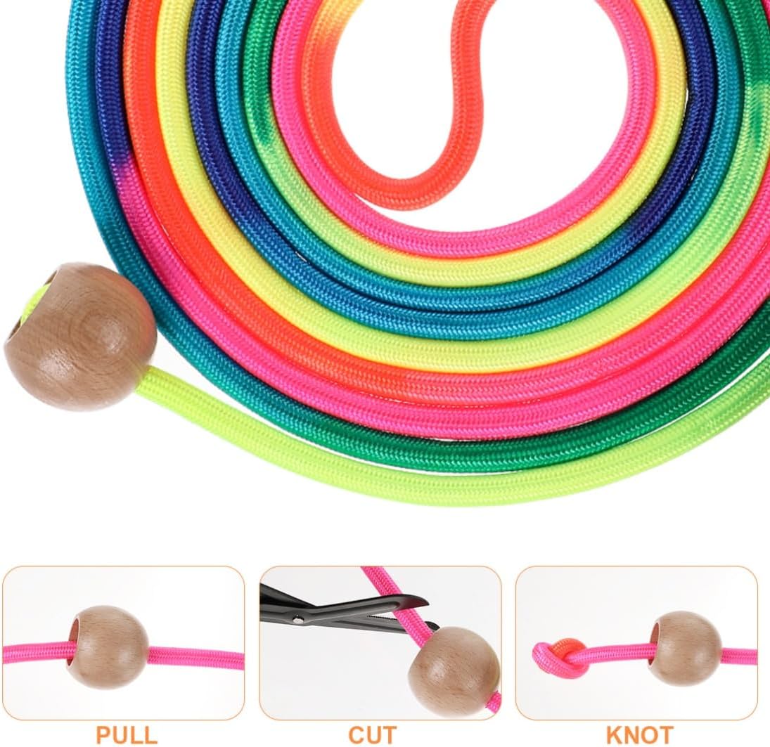 Long Jump Rope for Kids 16 FT Adjustable Skipping Rope Multiplayer Rainbow Jumping Rope with Wooden Ball Handle for School and Outdoor Activities