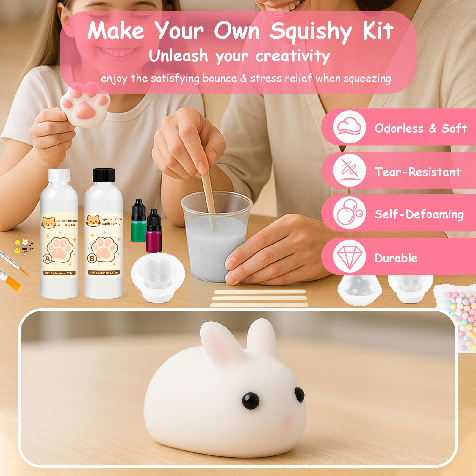 1DFAUL Zestaw do robienia squishy z płynnego silikonu 17.6oz, ​​bez bąbelków i szybko utwardzalne, z królikiem, łapką kota, foremkami do sera, zabawne sposoby na odstresowanie, prezenty DIY