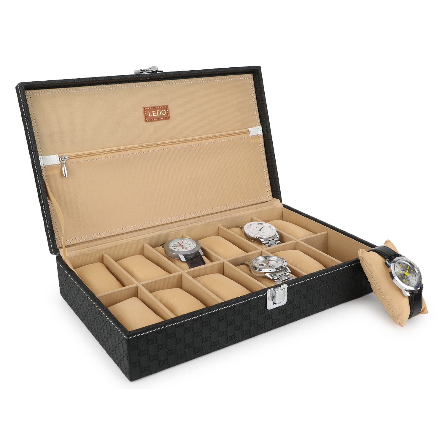 LEDO Mens and Womens Watch Box Holder Organizer Case In 12 Slots of watches In PU Leather with Royal Black & Cream Color with Chain Pocket (B0C41T377C) Amazon Price History, Amazon Price Tracker