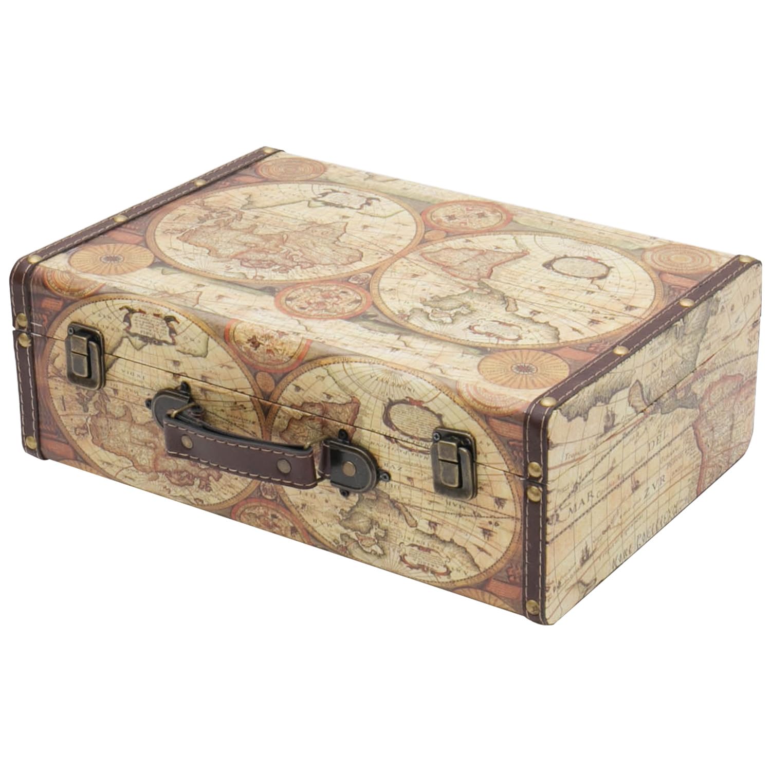 HMF Coffre décoratif vintage en bois avec couvercle et poignée en cuir, boîte de rangement élégante et idée cadeau pour mariage ou anniversaire | Carte du monde colorée | 38 x 26 x 13 cm