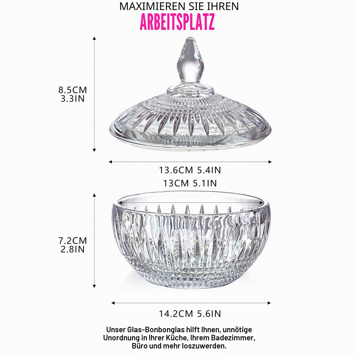 600 ml große Glas-Süßigkeitenschale mit Deckel, klares Kristallglas mit Deckel, dekoratives Glas für Buffet, Party, Hochzeit, Heimdekoration, spülmaschinenfest
