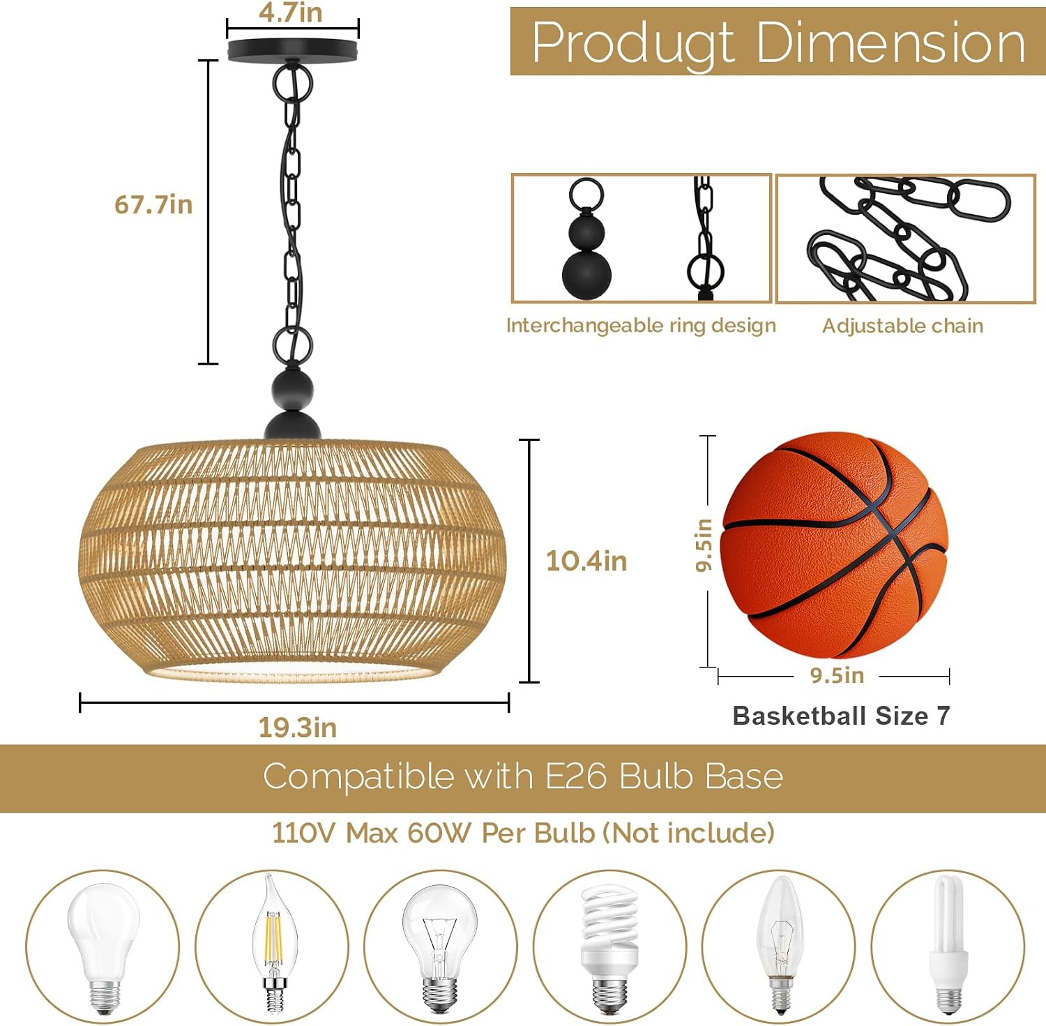 Rattan Chandelier, 5-Lights Boho Large Pendant Light, Hand Woven Basket Pendant Chandeliers for Dining Room Living Room Kitchen Island Bedroom Foyer, Height Adjustable (19.3in)