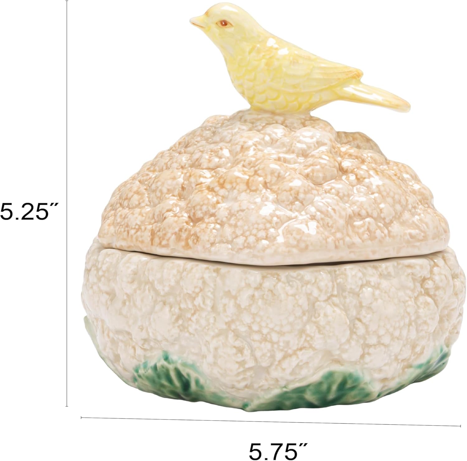 Creative Co-Op Stoneware Cauliflower-Shaped Container with Lid and Bird, White, Yellow and Green