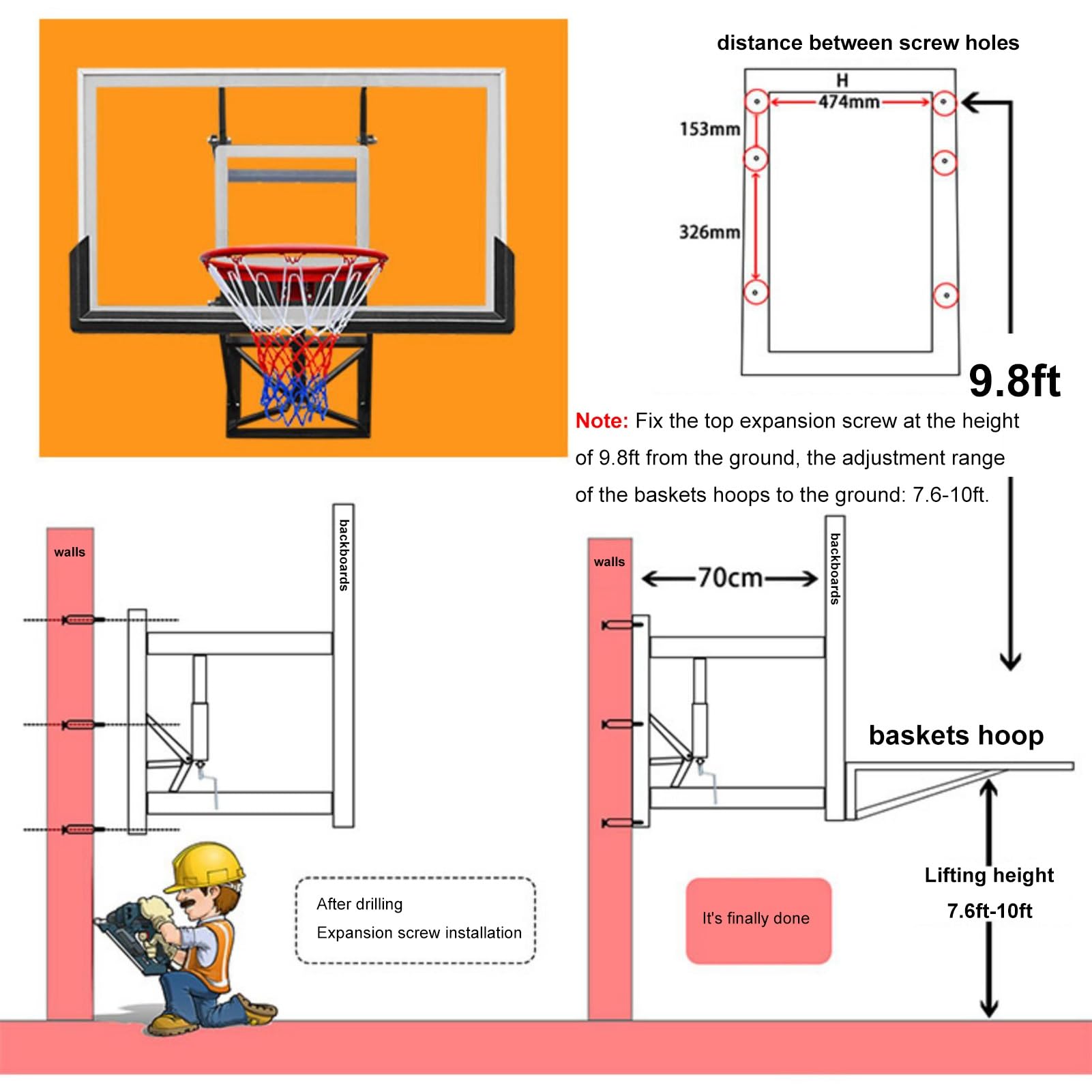 Heavy Duty Tempered Glass Backboard, Pro-Style Breakaway Rim, Durable Bracket and All Weather Net, Adjustable-Height, 54”x 32