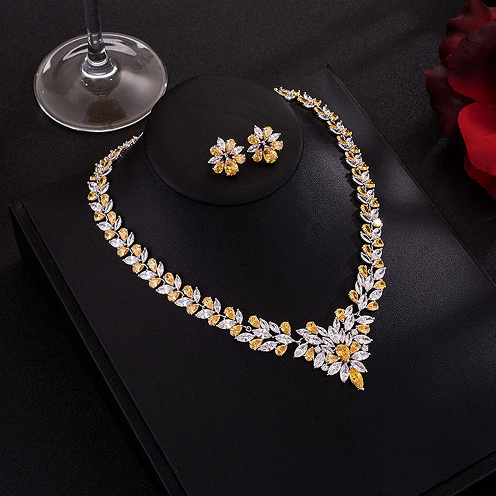 Joyería Joyería de Traje de Fiesta de Boda Hoja Brillante Zirconia cúbica Pendientes de Perno Conjuntos de Collar