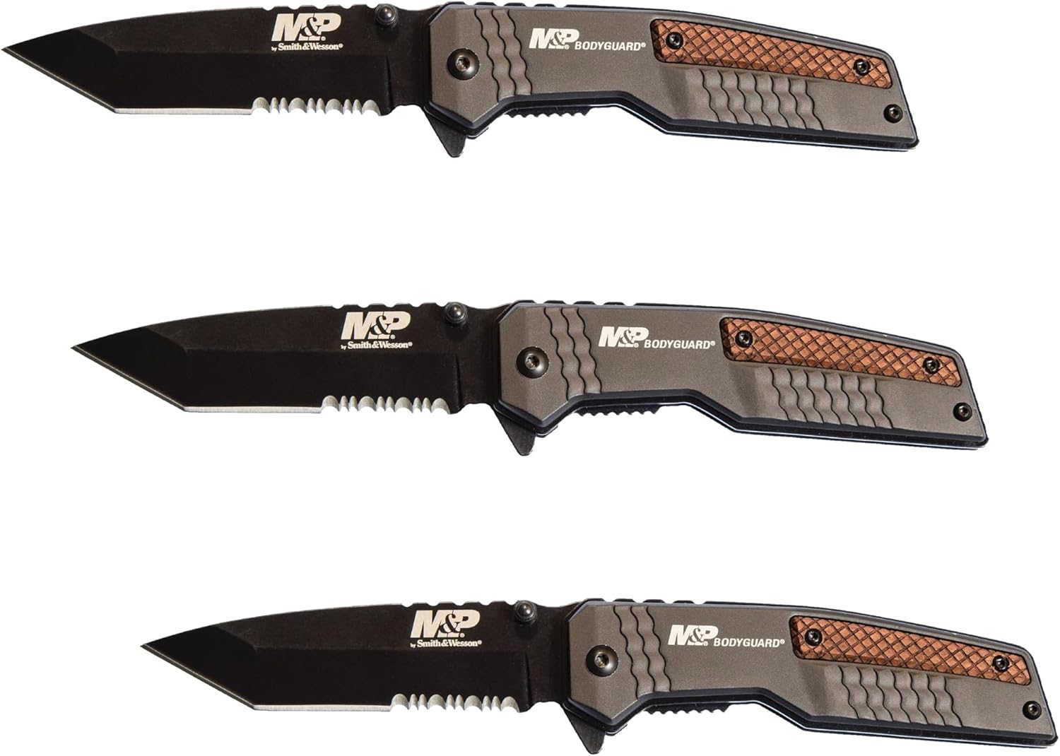 Smith & Wesson M&P Bodyguard 8.07in S.S Folding Knife with 3.5in Serrated Tanto Point Blade and Aluminum Handle for Outdoor, Tactical, Survival and EDC, Black/Wood
