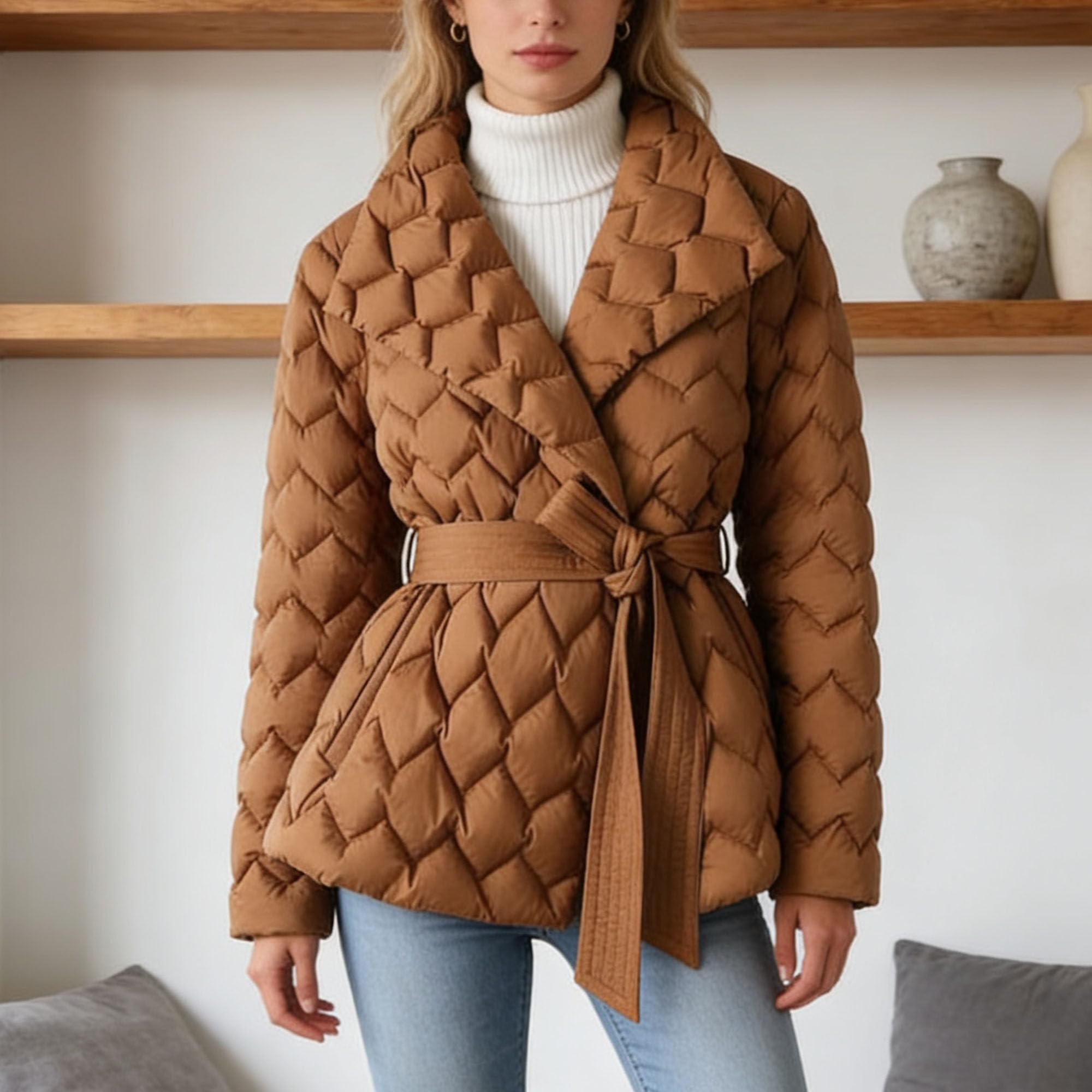 Piumino da donna trapuntato leggero con risvolto in vita elegante giacca imbottita in cotone classico invernale solido cappotto con cintura