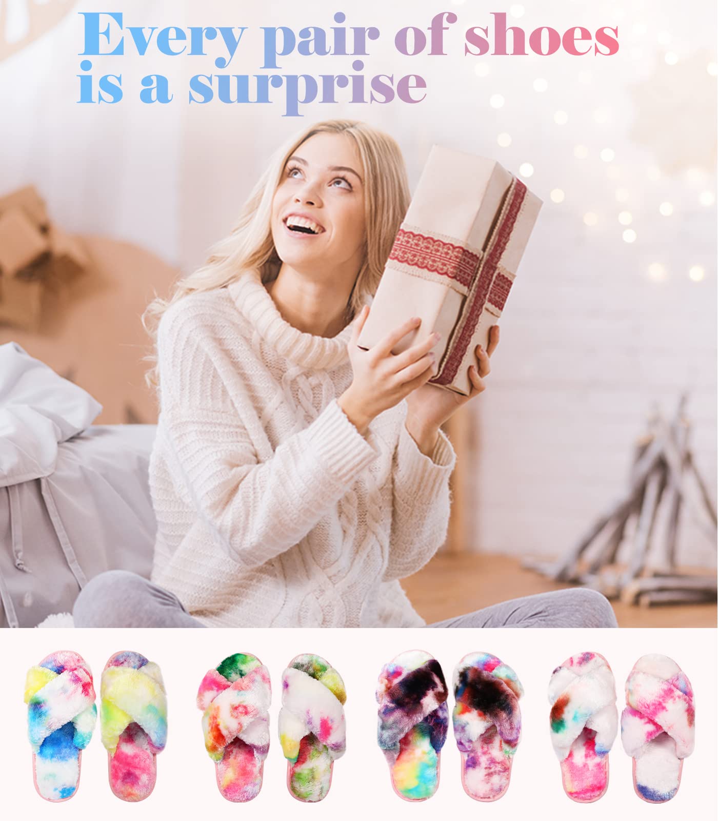 Ankis Womens Fuzzy Slippers Memory Foam Cross Band Cozy House Slippers Plush Home Fluffy Furry Slippers Open Toe Cute Soft Ladies Indoor Outdoor Slipper Slides Wedding Bride Shoes Gifts: 5-6 Rainbow