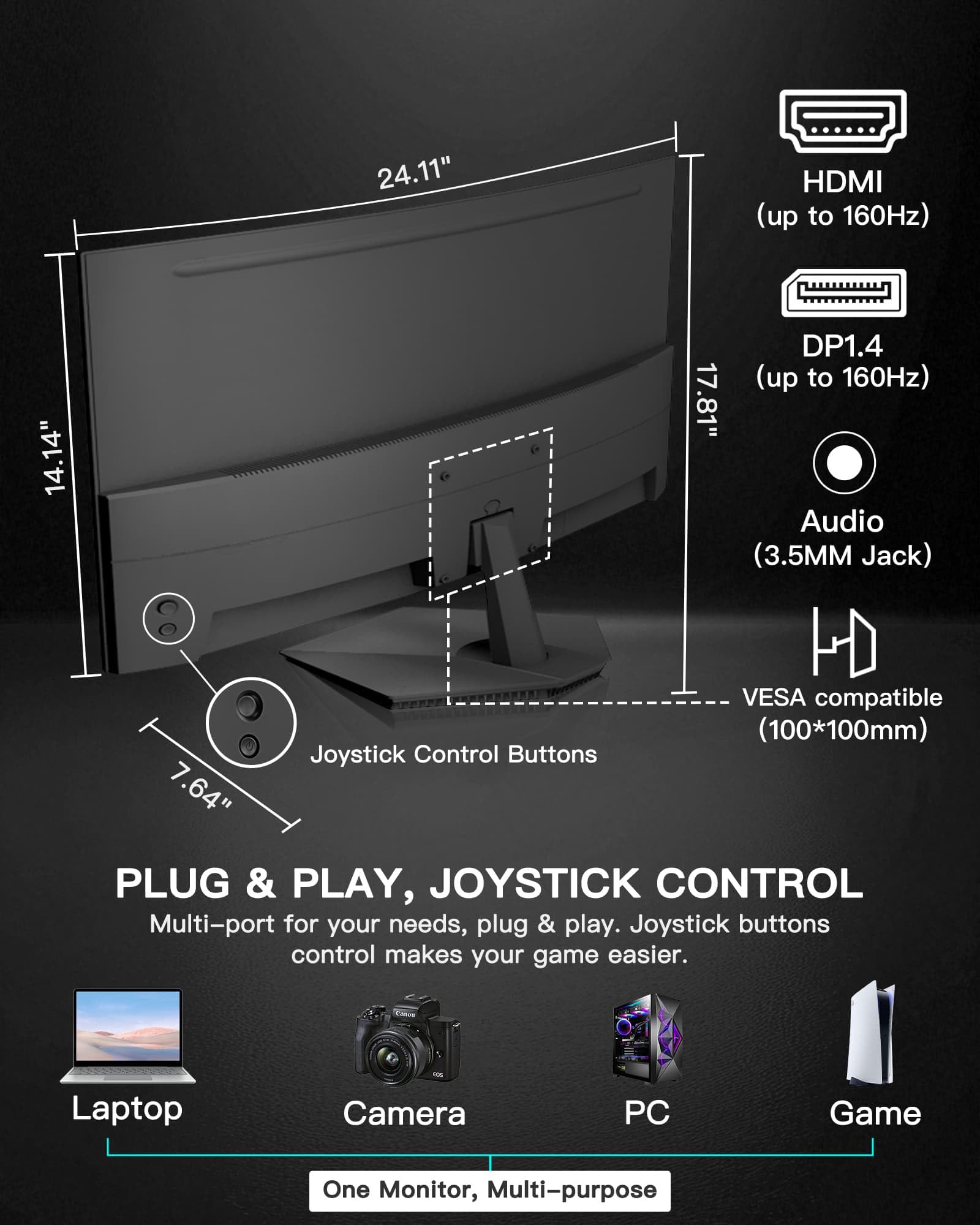SANSUI Monitor da gioco curvo da 27 pollici 160 Hz, monitor da gioco per computer curvo 1500R FHD 1080P, 4000:1, 110% sRGB, FPS/RTS, 1Ms MPRT|FreeSync|HDR|Luce blu bassa|HDMI DP| Supporto VESA