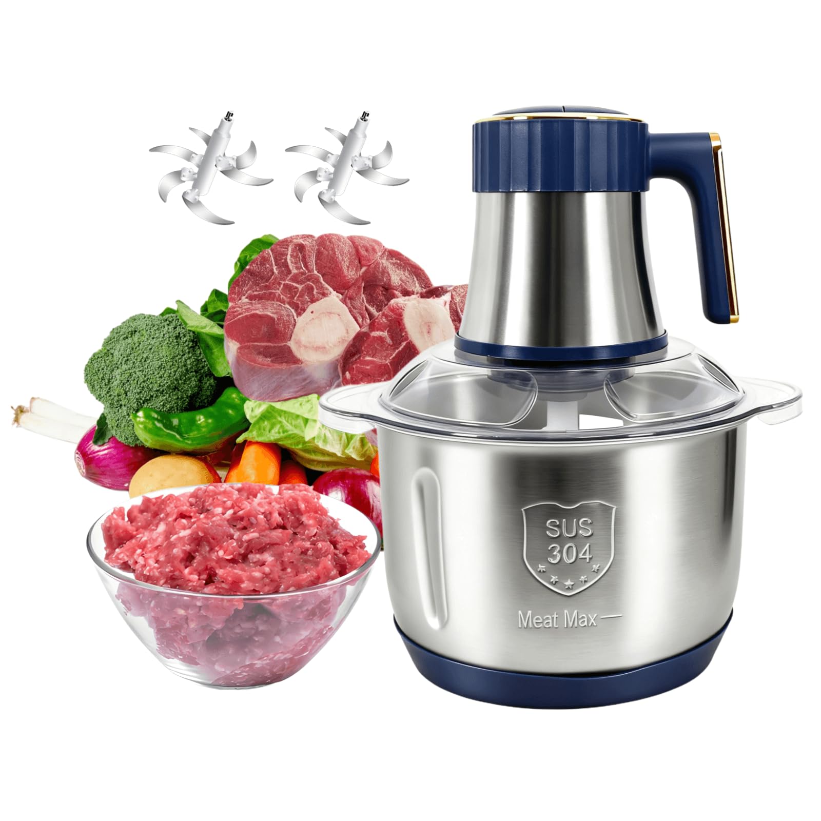 Picadora eléctrica de 5 velocidades con capacidad de 5 litros, potencia de 500 W, dos juegos de 6 cuchillas para carne, nueces, frutas, ajo, verduras y mezcla de masa, plata, para cocina doméstica