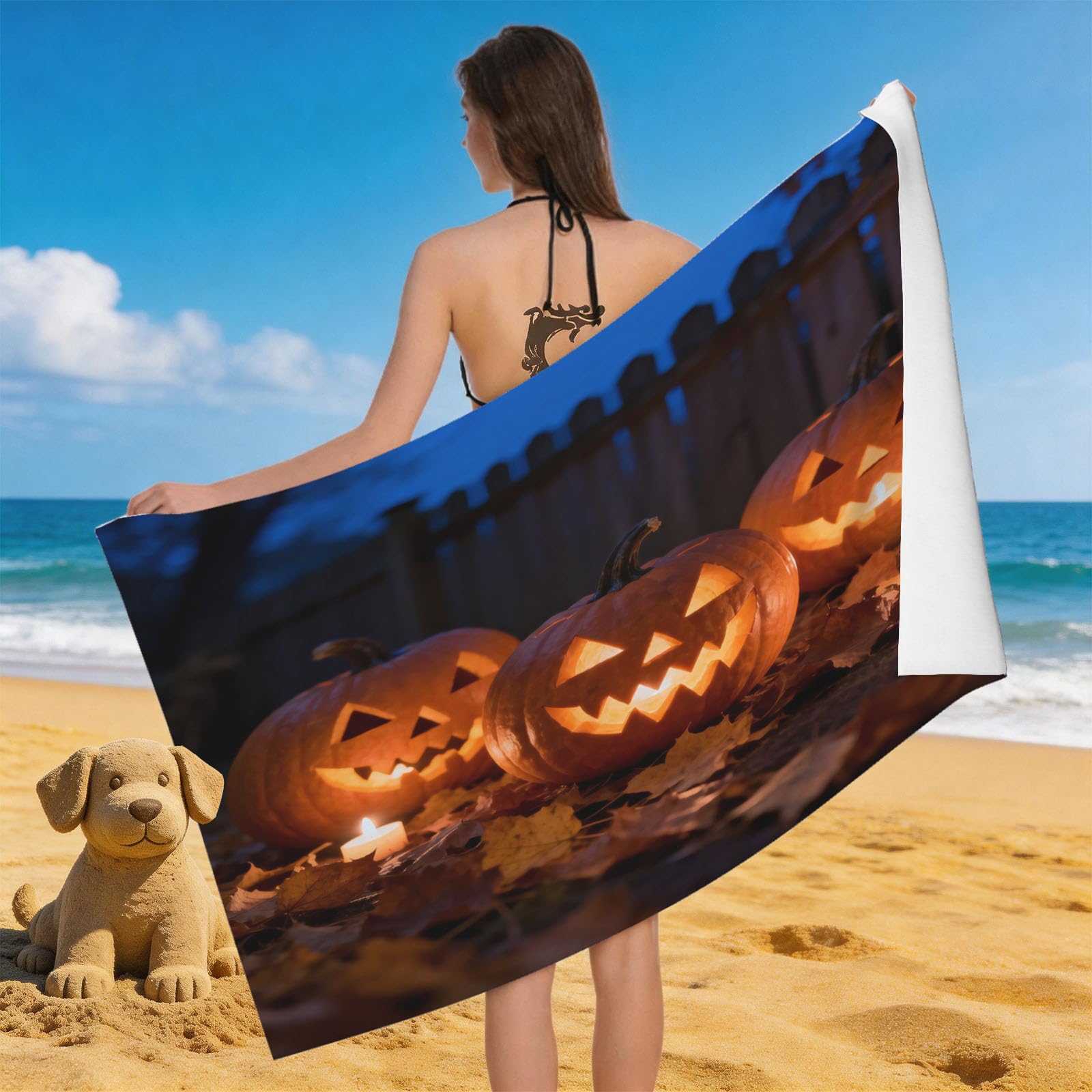Leichong Men's Orange 3D Halloween Pumpkin Beach Towel Large Microfiber Soft Quick Dry For Adults, Night View Bath Towel Lightweight Soft Absorbent For Travel Swimming Pool Sports, 180 X 90 Cm
