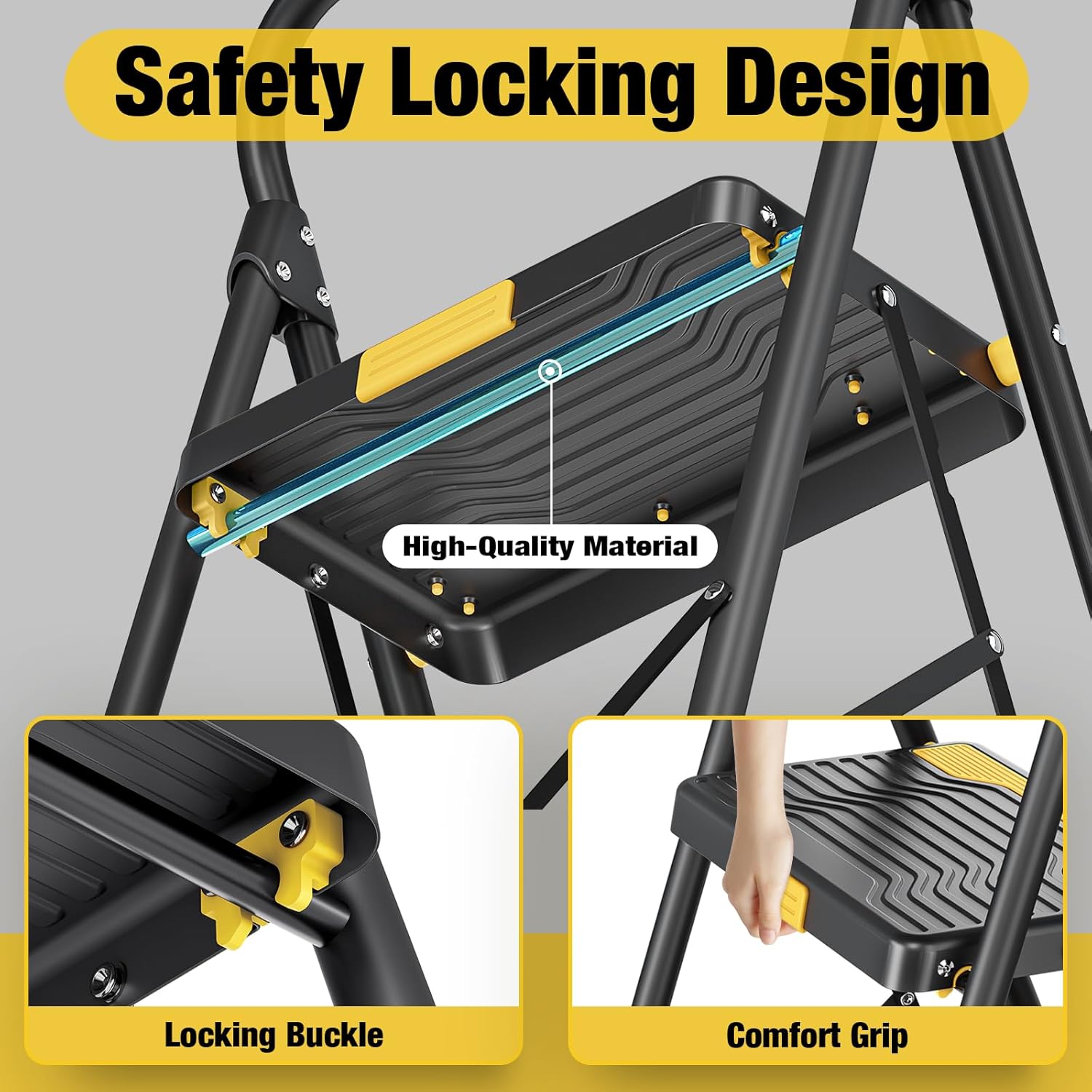 Urackify 2 Step Ladder, Heavy-Duty 330lb Capacity, Wide Anti-Slip Steps & Secure Handrail Compact, Folding Step Stool Portable Design for Home, Kitchen, Office, Pantry, Closet Use, Black - Image 3