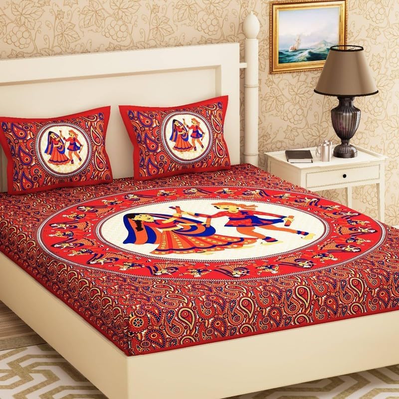 AC FASHION Rajasthani Jaipuri Sanganeri Print 144 TC 100% Cotton Bed Sheet Set for Double Bed King Size, Dandiya Pattern, Double Bedsheet Cotton with 2 Pillow Covers (B0D88J51WF) Amazon Price History, Amazon Price Tracker
