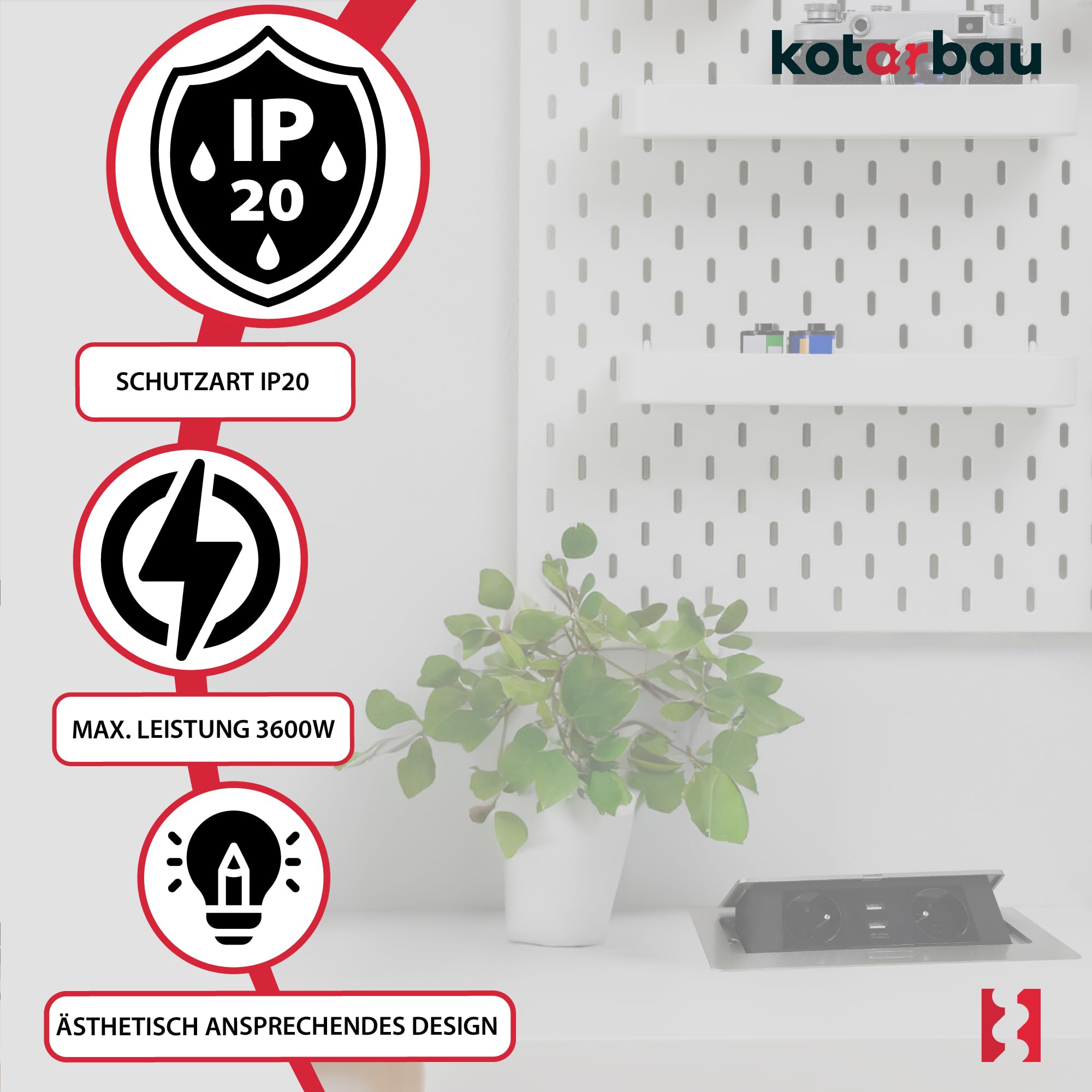 KOTARBAU® - Ciabatta elettrica a 2 prese, con porte USB, in alluminio, colore argento