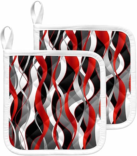 Juego de 2 soportes para ollas de color rojo y negro, aislamiento térmico, almohadillas calientes geométricas grises y agarraderas para cocina, arte