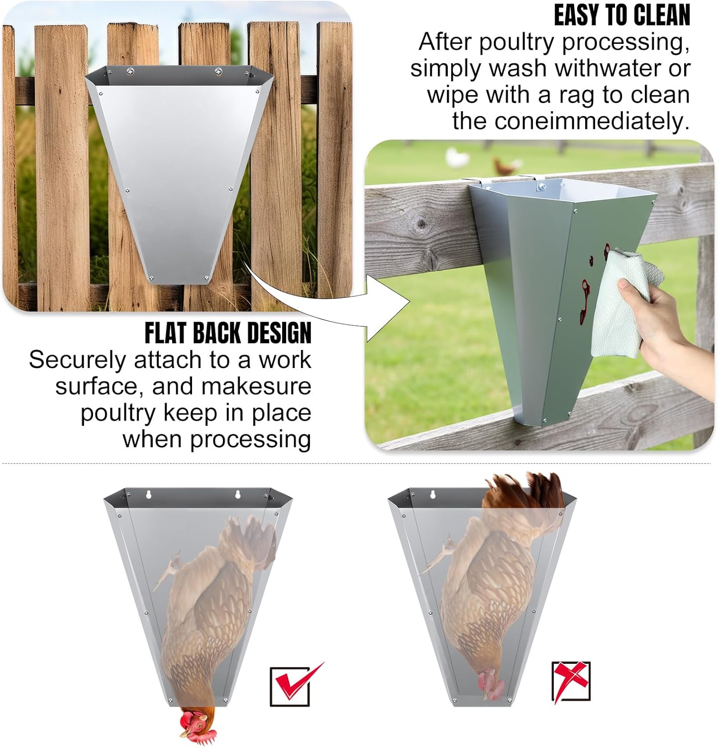 2 Pcs Large Size Chicken Killing Cones for Butchering, Galvanized Steel Poultry Restraining Cone for Chickens, Turkeys up to 14 Lbs - Flat Back, Easy Clean