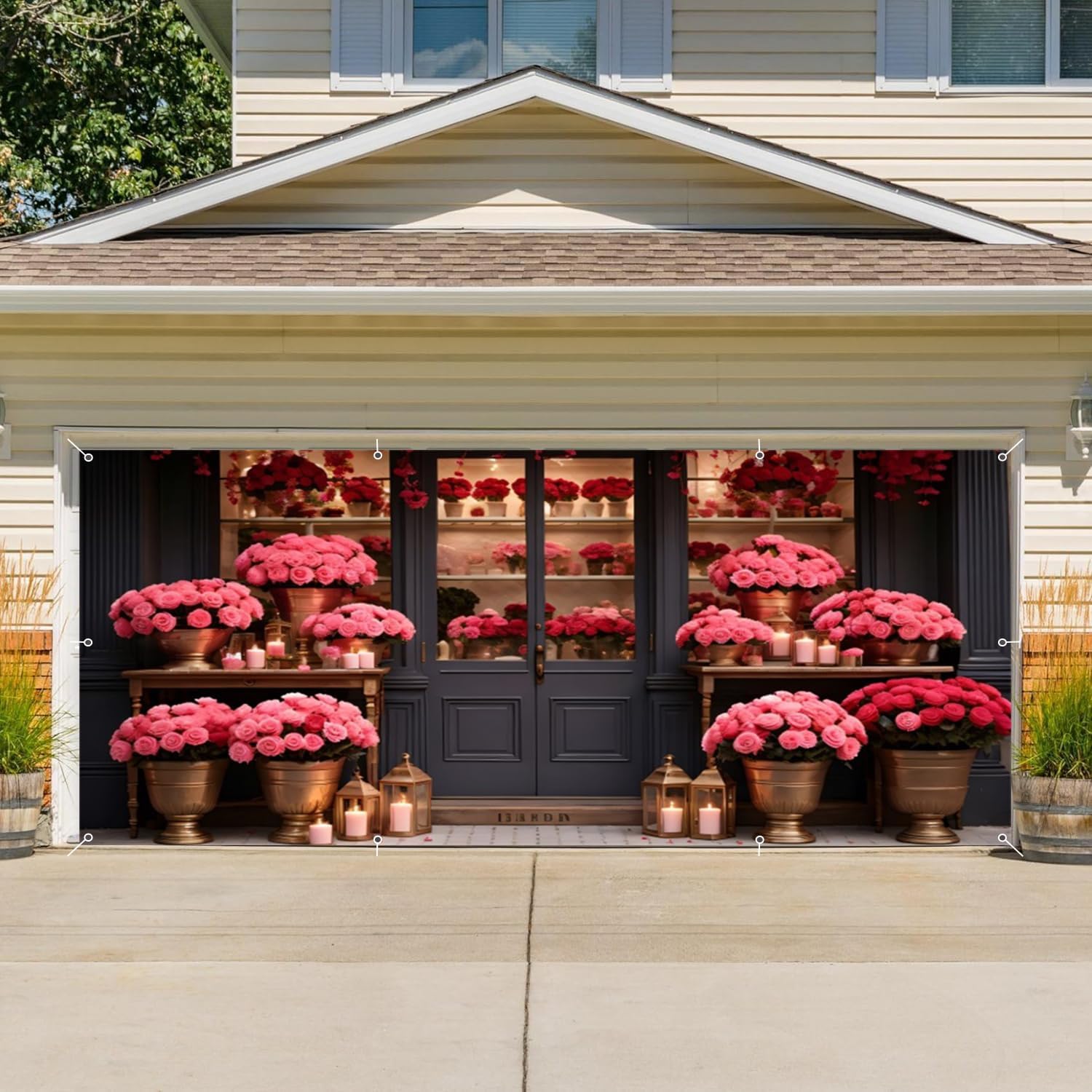 Large Valentine's Day Garage Door Banner Decorations 7 x 16 ft Valentine Flower Shop Garage Door Cover Backdrop Red Rose Pink Candle Banner Love Wedding Bridal Shower Wedding Garage Door Supplies