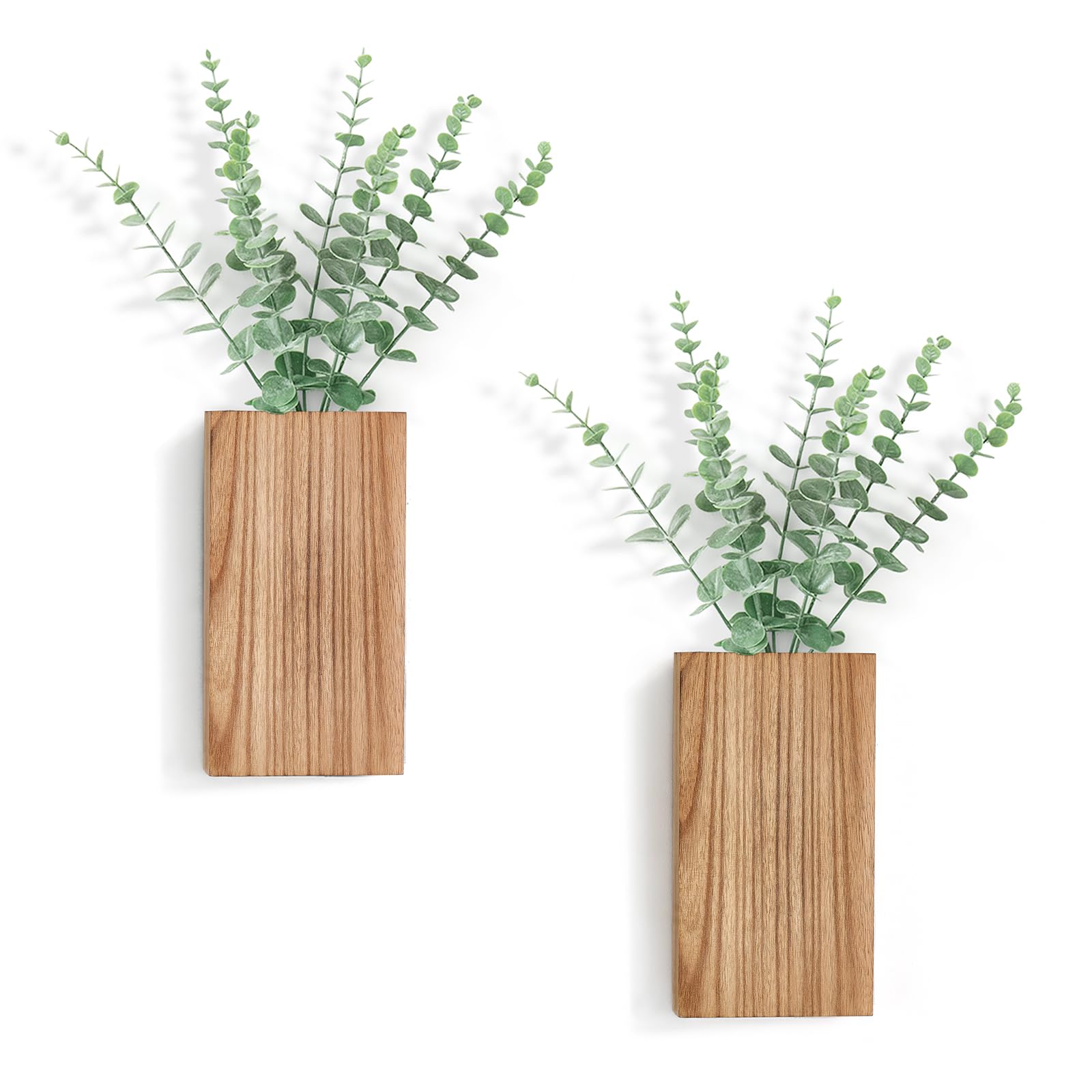 Dahey 2 Pack Wood Wall Planter Vase with Artificial Eucalyptus Farmhouse Wall Hanging Decor Pocket Planter for Indoor Fake Plants Greenery Flowers, livingroom Bedroom Kitchen Home Office Decoration