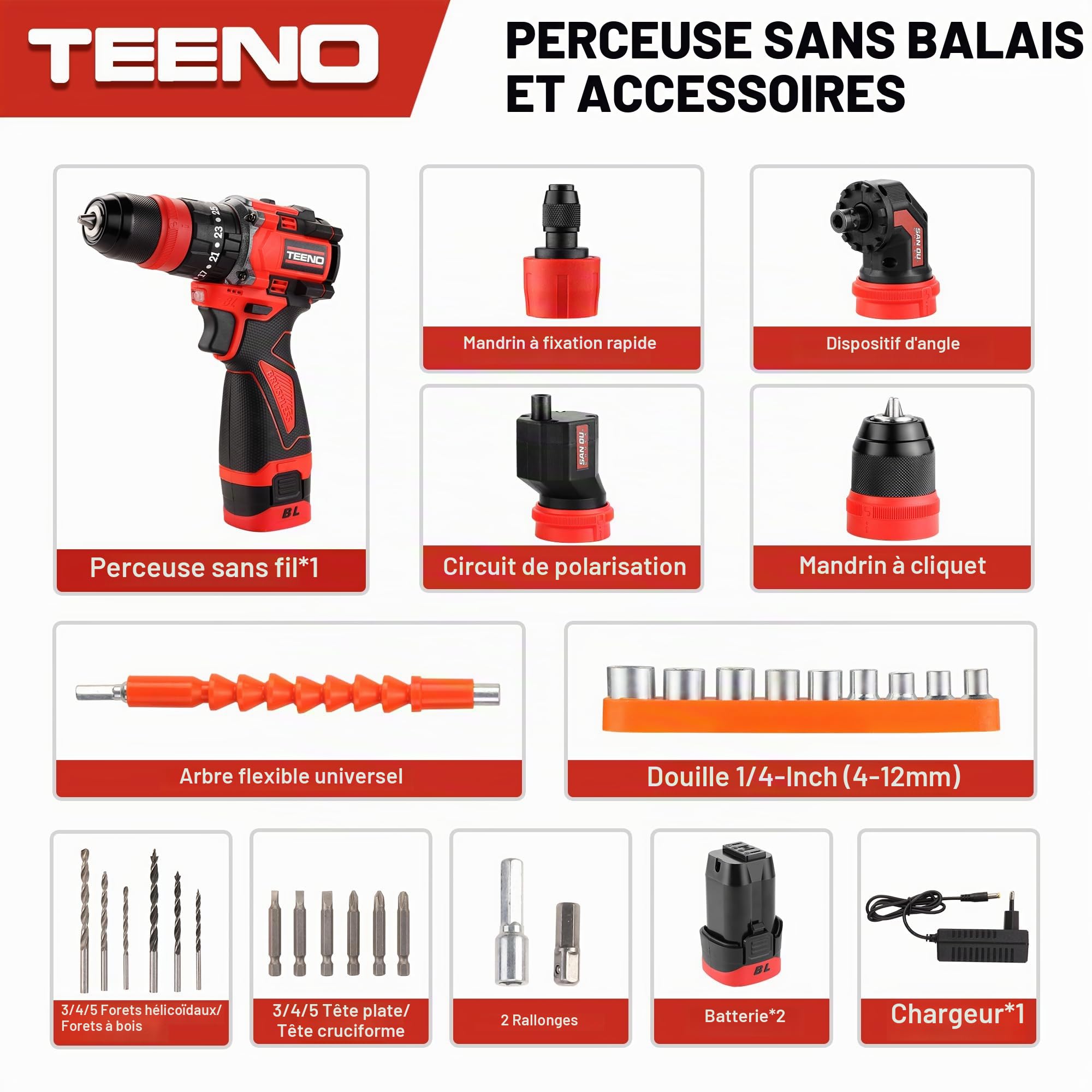 TEENO Brushless 18V 25+3 Couple Multifonctionnel Kit Perceuse Visseuse sans Fil à Percussion 45Nm, 4 en 1 avec 2 Batteries 2,0Ah, 2 Vitesses, LED