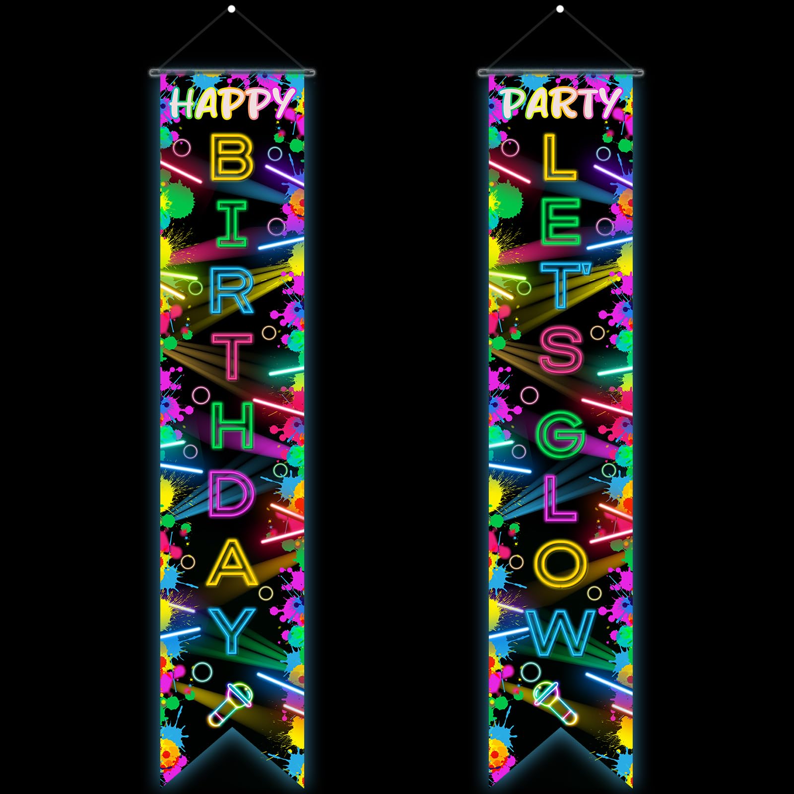 ArtAubrey Glow in the Dark Party Decorations Neon Happy Birthday Banner, Crazy Glow Porch Sign, Blacklight Photography Backdrop Decor Neon Birthday Party Decorations