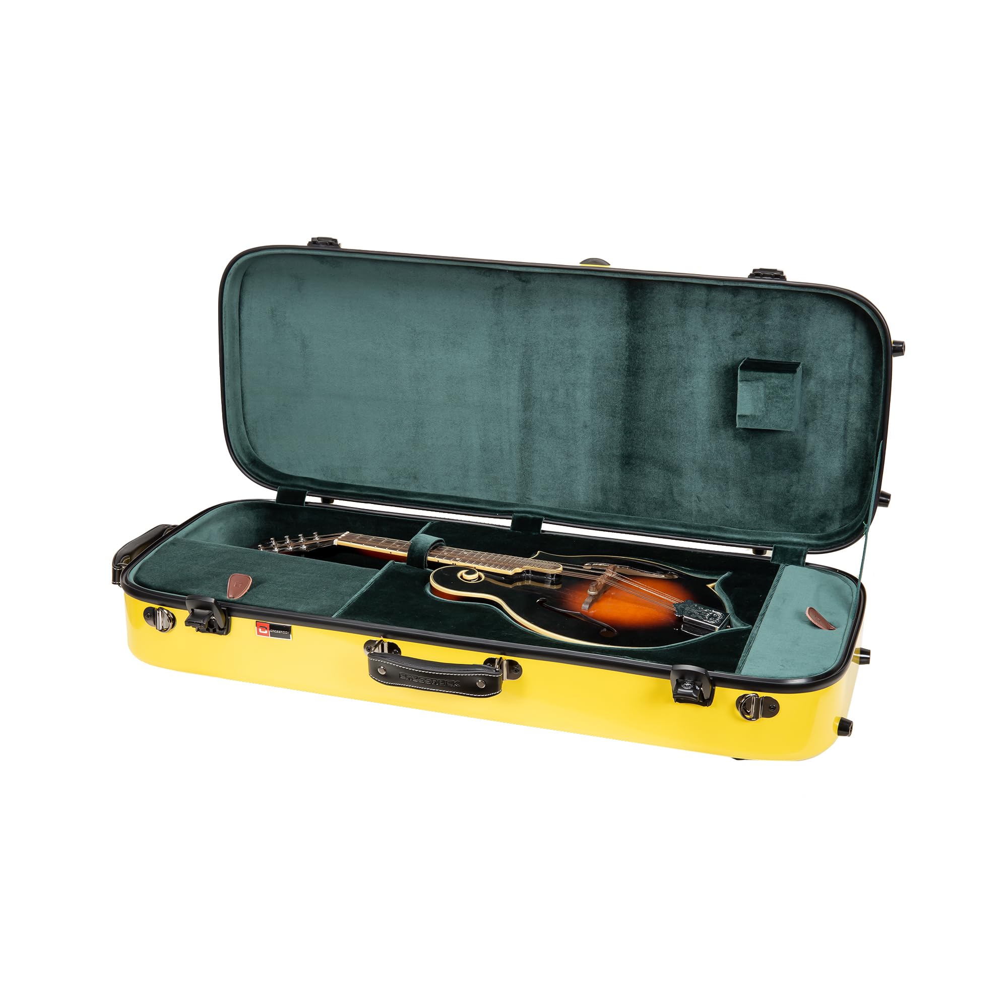 Crossrock Fiberglass Mandolin Case – Oblong for F-Style (Fits Gibson F5) | Yellow Gloss Finish, Forest Green Velvet, TSA Lock, Hygrometer, Backpack Straps – Hard Shell Pro Travel Series