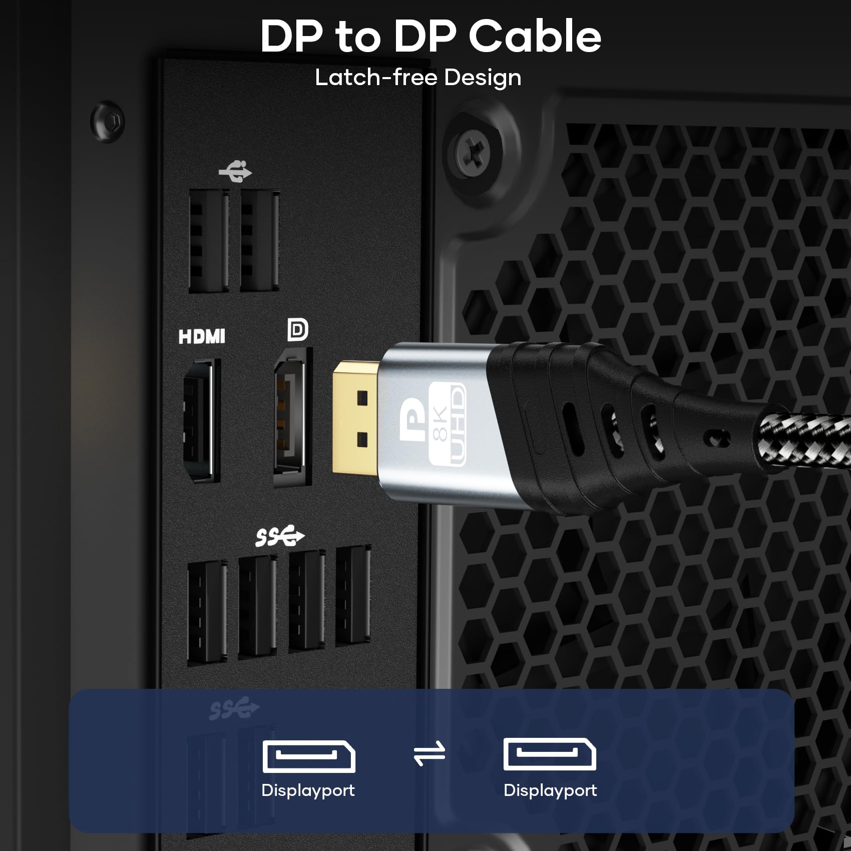 Cable Displayport 1.4 2m, DP Cable 8K@60Hz, 4K@144Hz, 2K@240Hz, HDR10, DSC 1.2, G-Sync&Free-Sync, Cable Displayport 240Hz de Alta Velocidad 32.4Gbps Compatible con PC, Gaming, Monitor