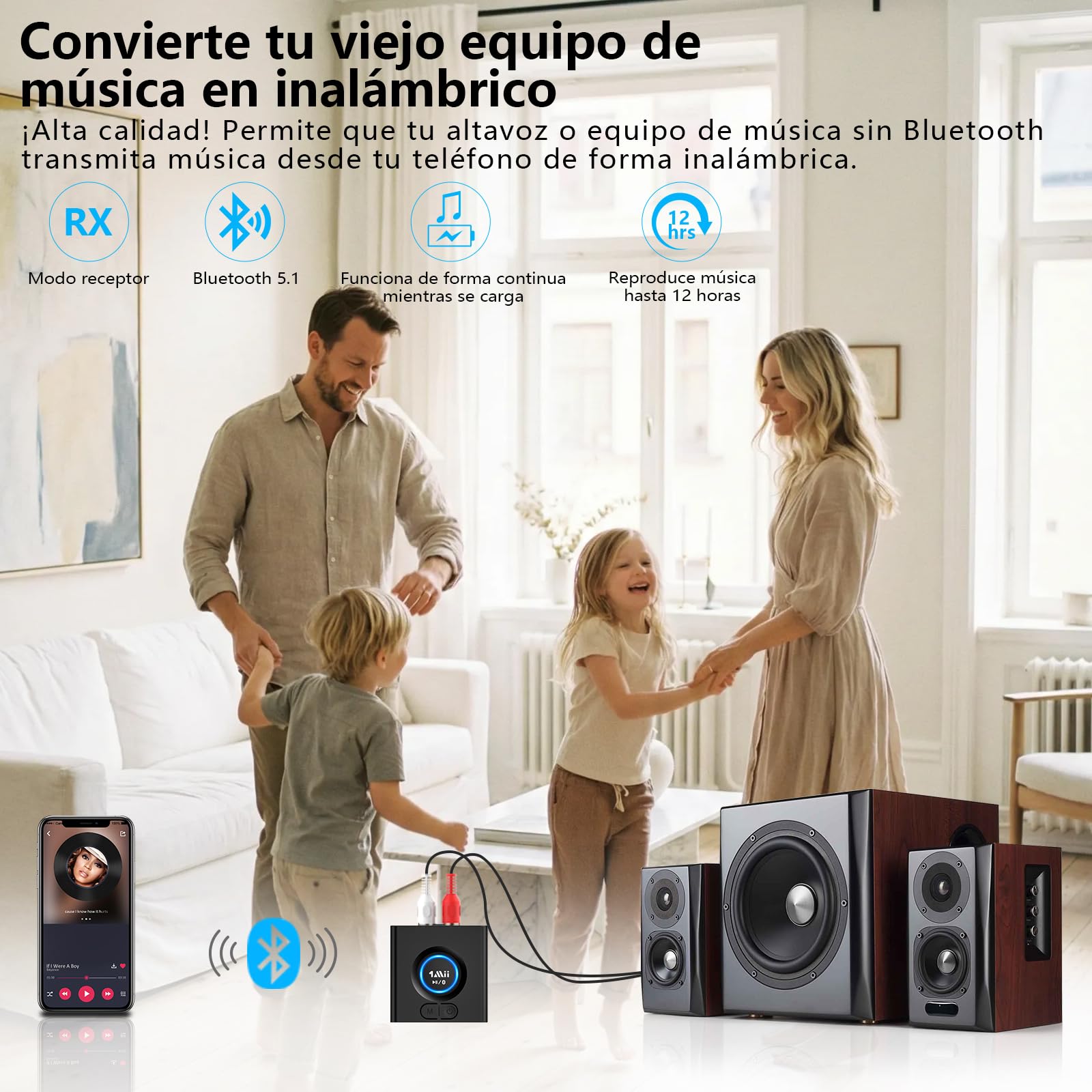 1Mii Receptor Bluetooth HiFi para Sistema Estéreo, Adaptador Audio Inalámbrico AUX/RCA Jack 3.5 con Refuerzo de Graves, Baja Latencia, 12H Autonomía para Amplificador, Coche y Altavoz
