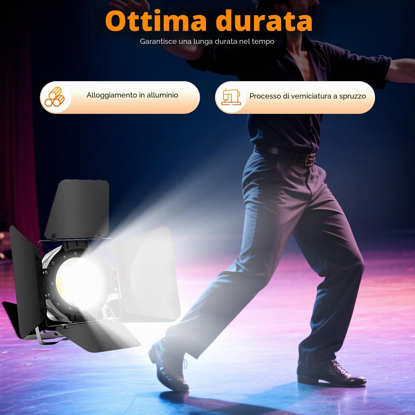 Faretto 2 in 1 LED, da 200 W COB, ideale per l’illuminazione da palcoscenico e per esterni, con grado di protezione IP64, con modalità di controllo DMX-512 Master/Slave, sound, auto