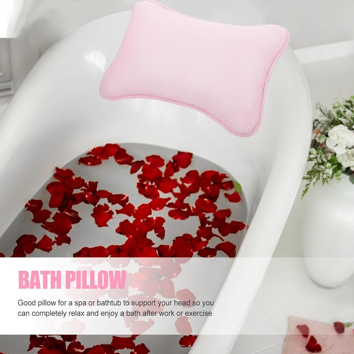 NOLITOY 3D Mesh Bath Tub Pillow with Suction Cups, Pink Neck and Head Support Cushion for Spa and Soaking Bathing Accessories
