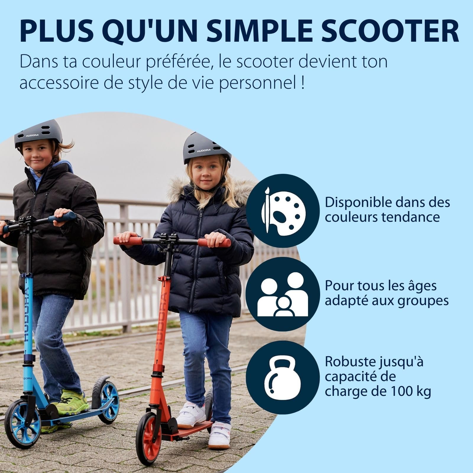 HUDORA Scooter Up 200 - Trottinette Confortable et silencieuse en Aluminium pour jusqu'à 100kg - Réglable en Hauteur & Pliable - Trottinette sans à-Coup pour Enfants/Adolescents & Adultes