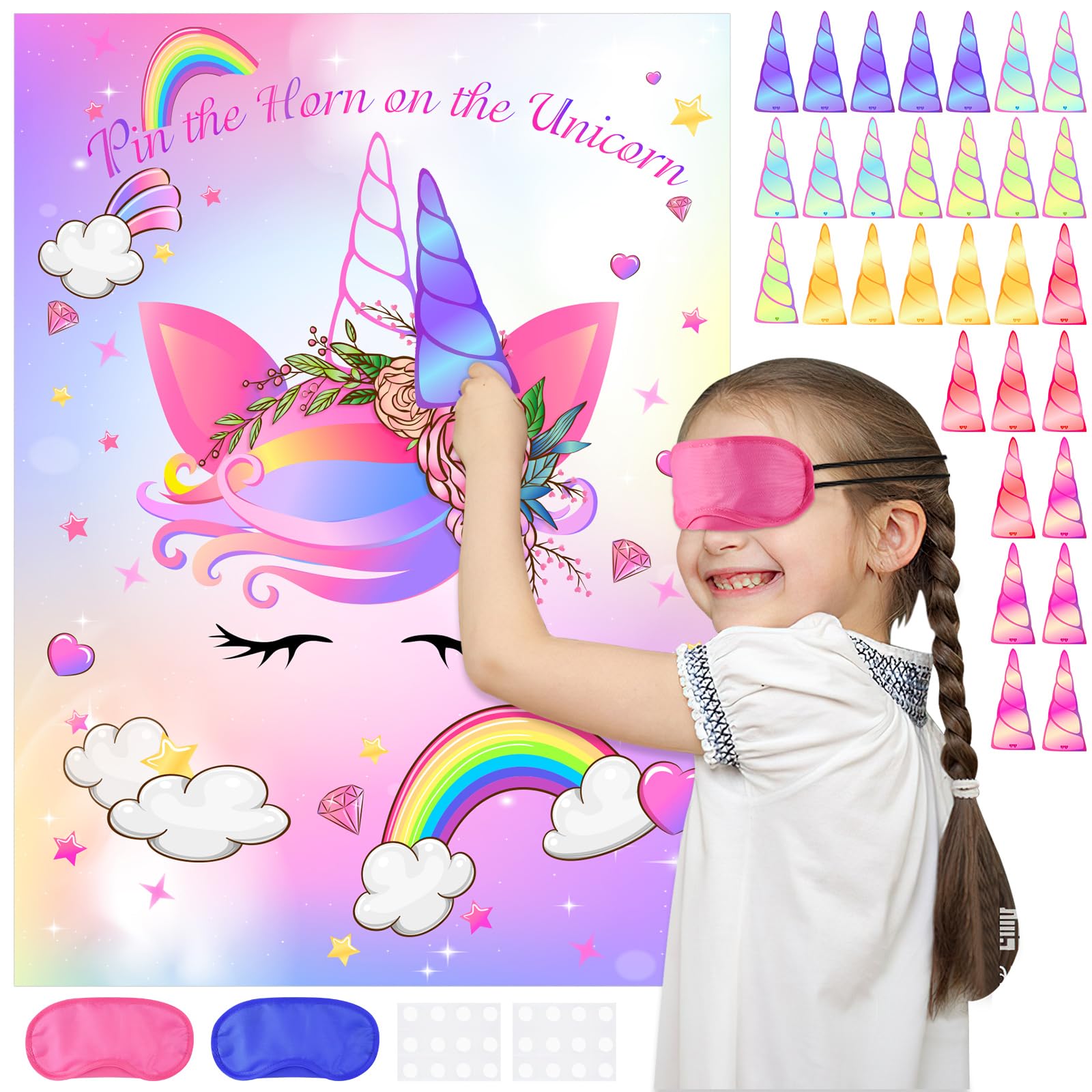 ASTARON Pin The Horn on The Unicorn Game for Kids Birthday Party, Unicorn Party Game with 30 pcs Horn Stickers Birthday Party Supplies for Wall Home