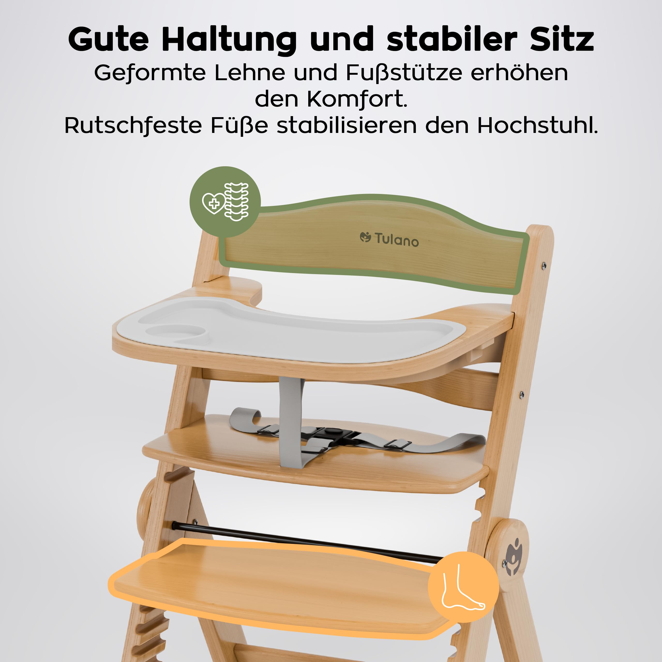 TULANO Morsel 45 Kinderhochstuhl 4in1 aus Holz, Mitwachsend & Verstellbar | von 6 Monaten bis 12 Jahren, Faltbarer Kombihochstuhl mit 3-Punkt-Gurt, Schutzbügel, Essbrett, Belastbar bis 40 kg, Natural
