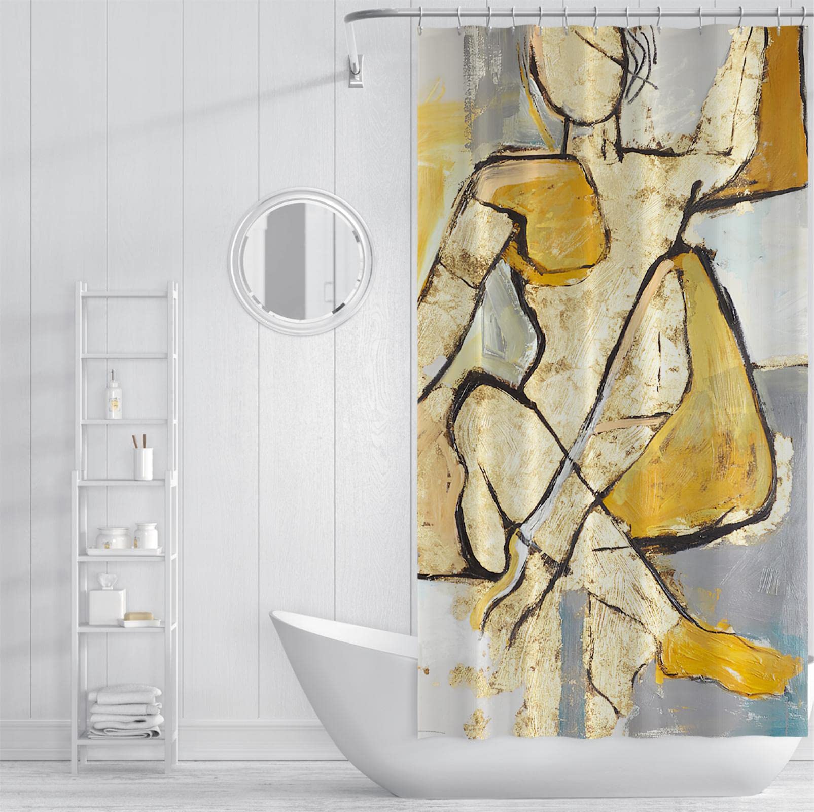 Artista grigio Tende da doccia decoro astratto donna pesato Tende doccia arredamento bagno con gancio a forma di C orlo ponderato giallo 183x198cm