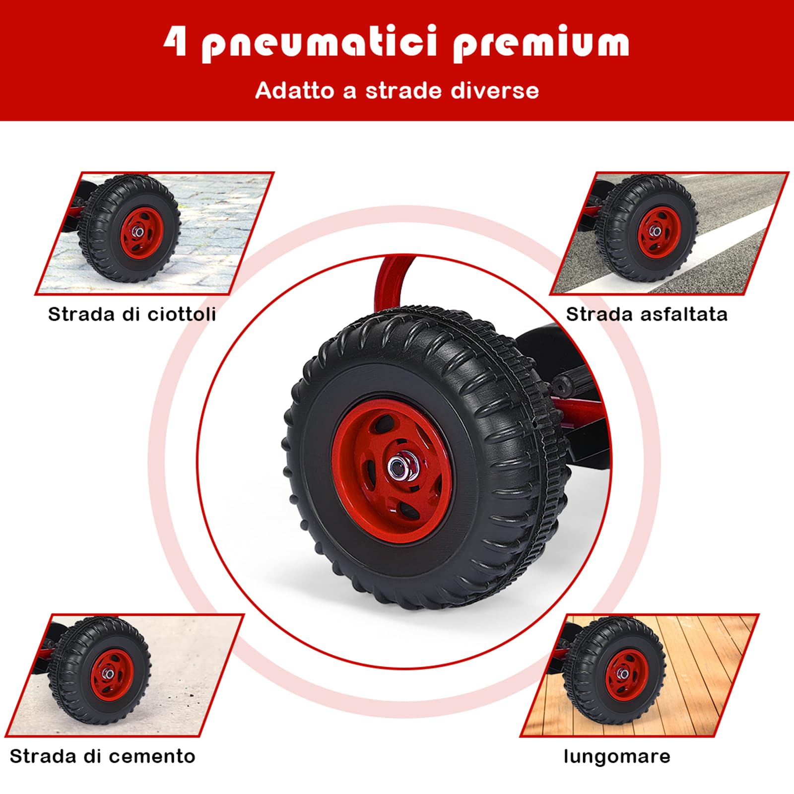 COSTWAY Go Kart a Pedali per Bambini, Veicolo con Sedile Regolabile e Freno a Mano, Portata 30 kg Rosso