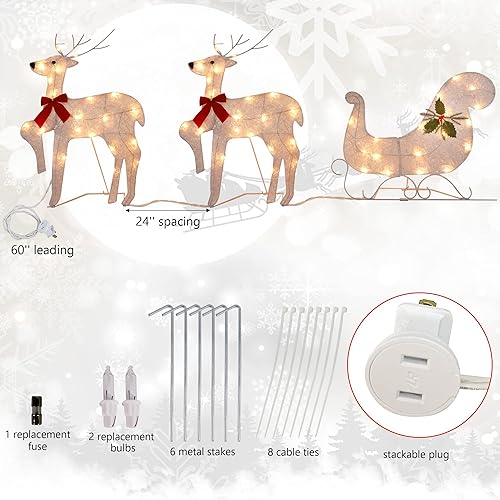 Miniatura 2 de WATERGLIDE Juego de 3 renos 2D iluminados de Navidad para exteriores, 23 pulgadas, preiluminados, trineo de rodolfo de Navidad y Papá Noel con