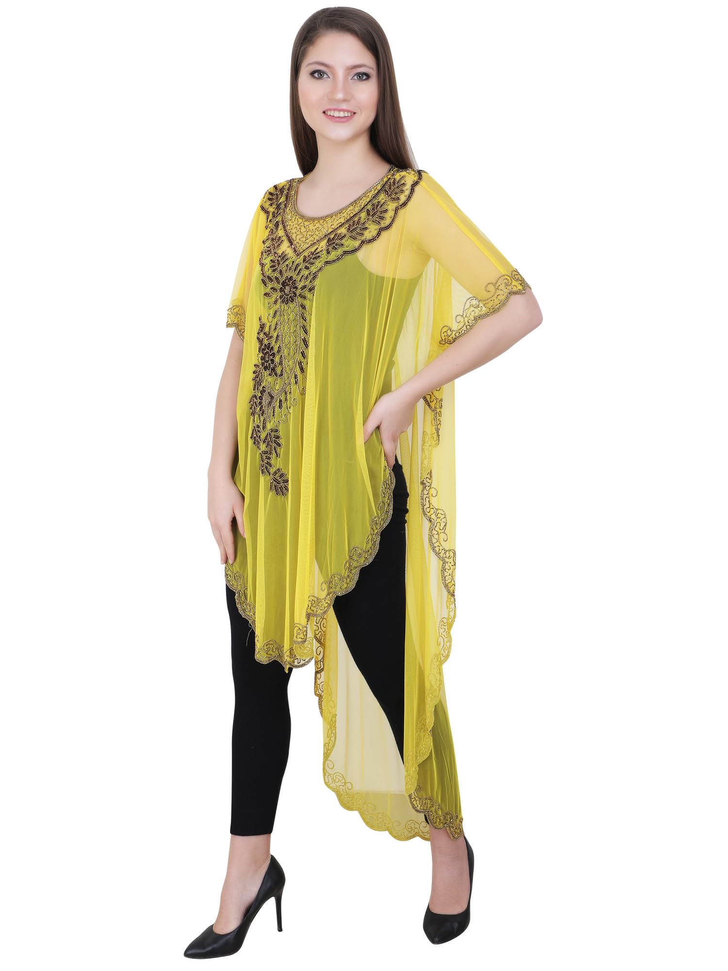 Impact Net Fabric Kaftan Dress Heavy Handmade Beaded Embroidery Free Size M L XL XXL 3XL Poncho Shrug Transparent Vacation Indian Ladies Saree Suite & Belly Dance Cover-Up Gown Style-image-13