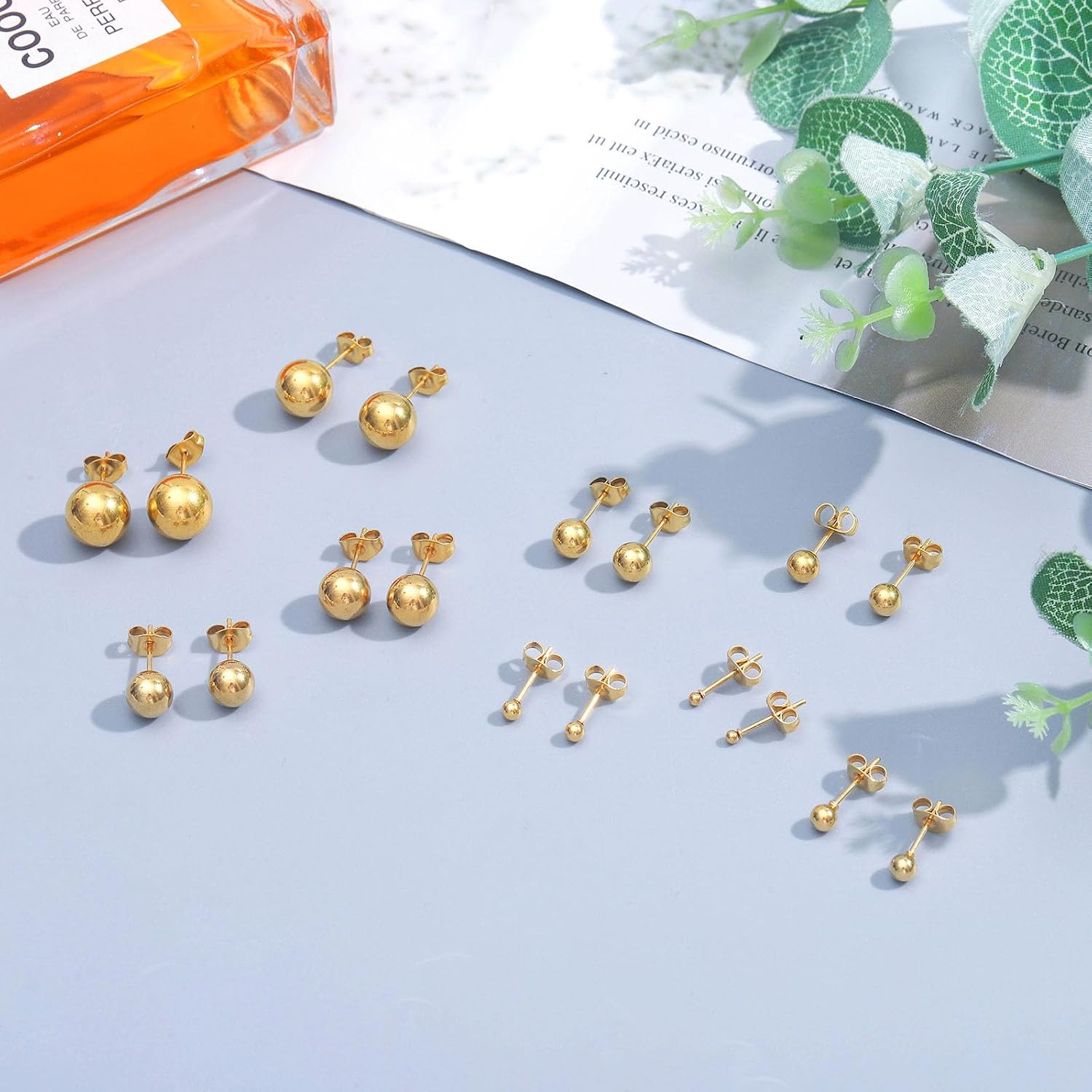NEWITIN 9 Pairs Gold Ball Stud Earrings for Women Hypoallergenic Earring 18K Gold Plated Ball Earrings Set 2-10 MM Small Studs for Women Men