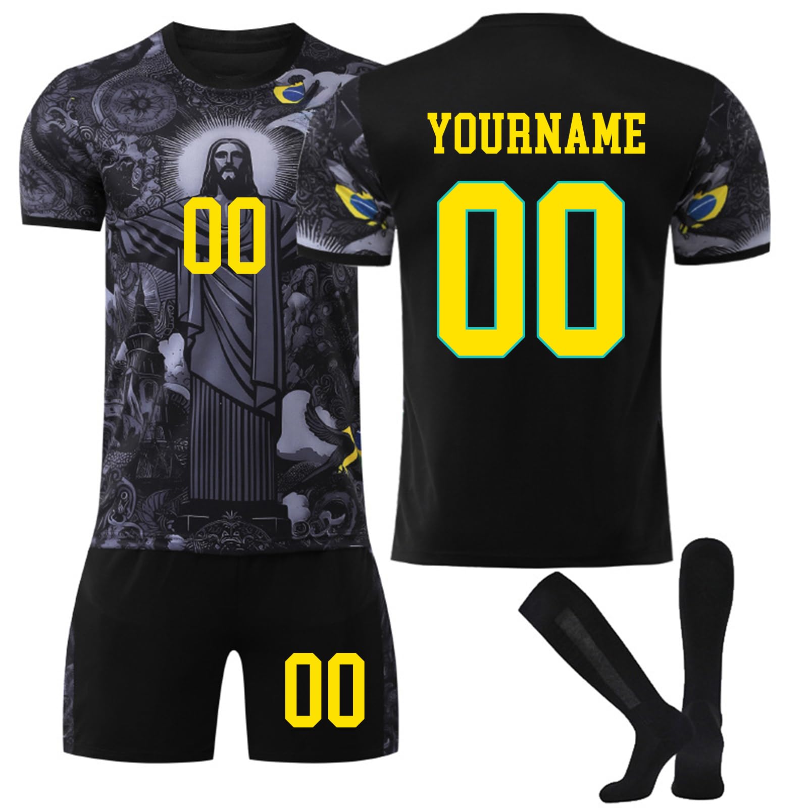 Été Brésil Édition Spéciale Jésus Noir Gris Maillot De Football Adulte Enfants Football Entraînement Hauts En Plein Air T-shirts À Séchage Rapide