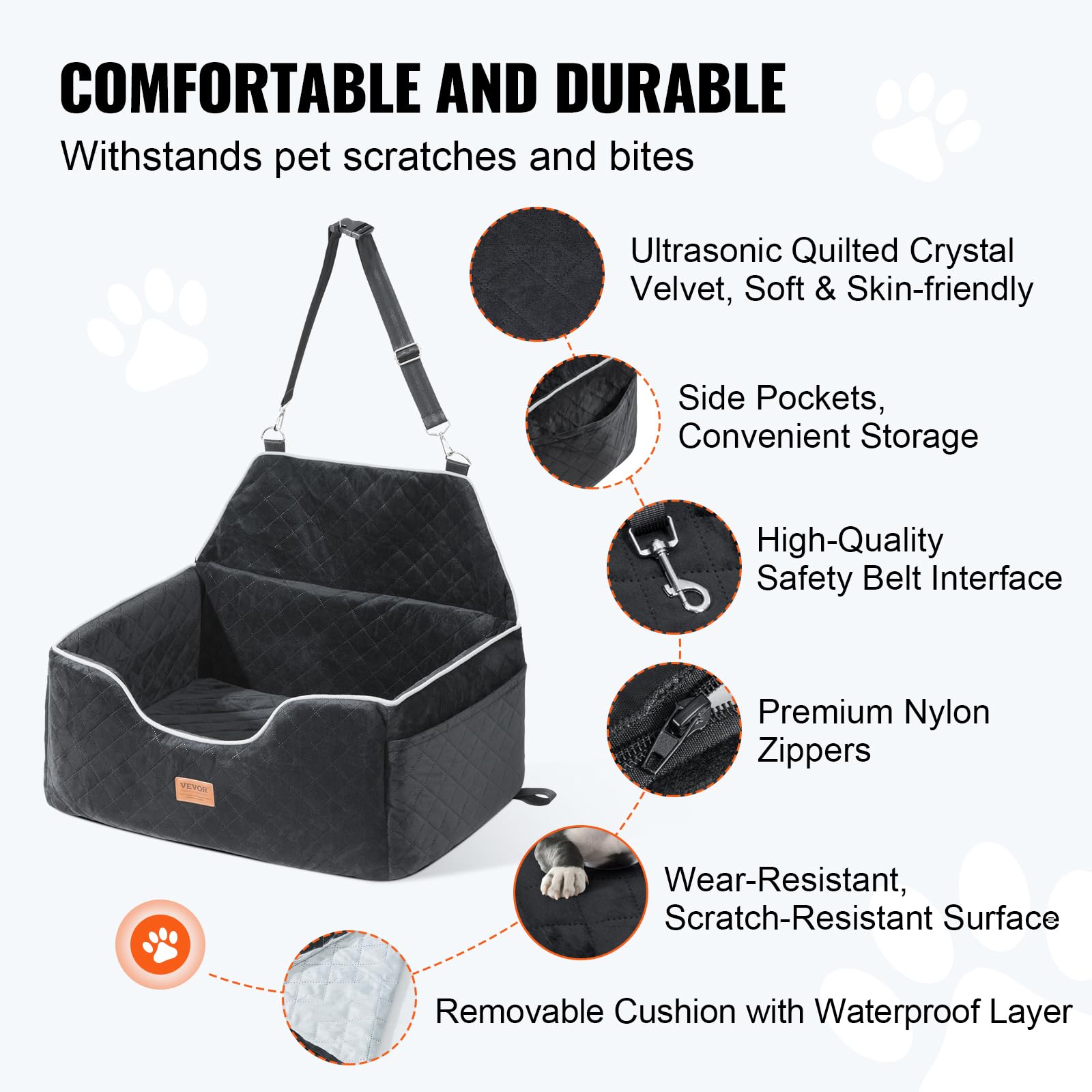VEVOR Dog Car Seat Booster Seat with High Back, Storage Pocket, Clip-On Safety Leash, PP Cotton Filling, Car Bed for Small Dogs up to 20lbs, Dark Gray — view 3