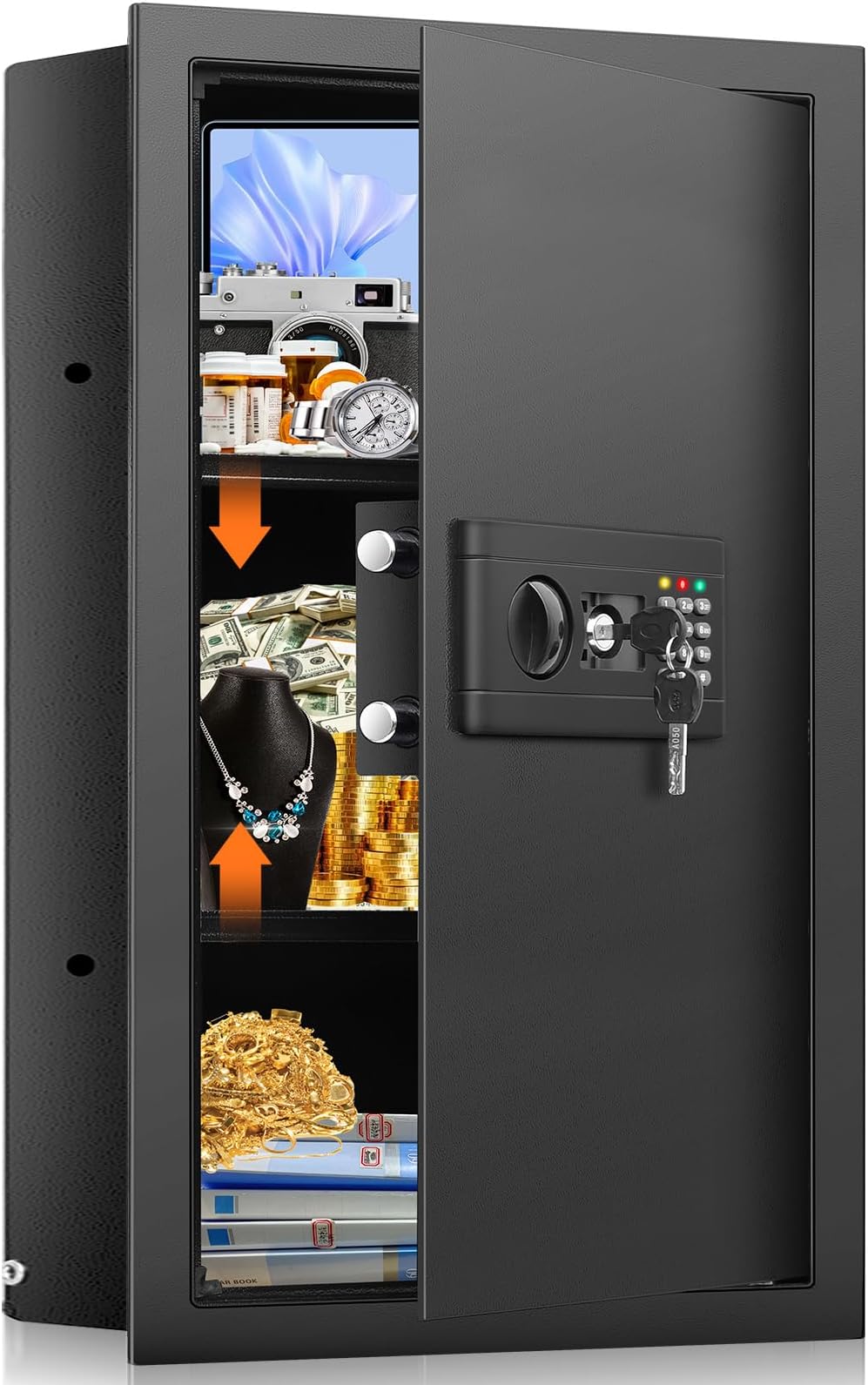 25.6" Tall Fireproof Wall Safes Between the Studs 16" Centers, Hidden Wall Safe with 2 Removable Shelf & Hidden Tray, Heavy Duty Wall Mount Safe for Money, Jewelry, Passport, Valuables