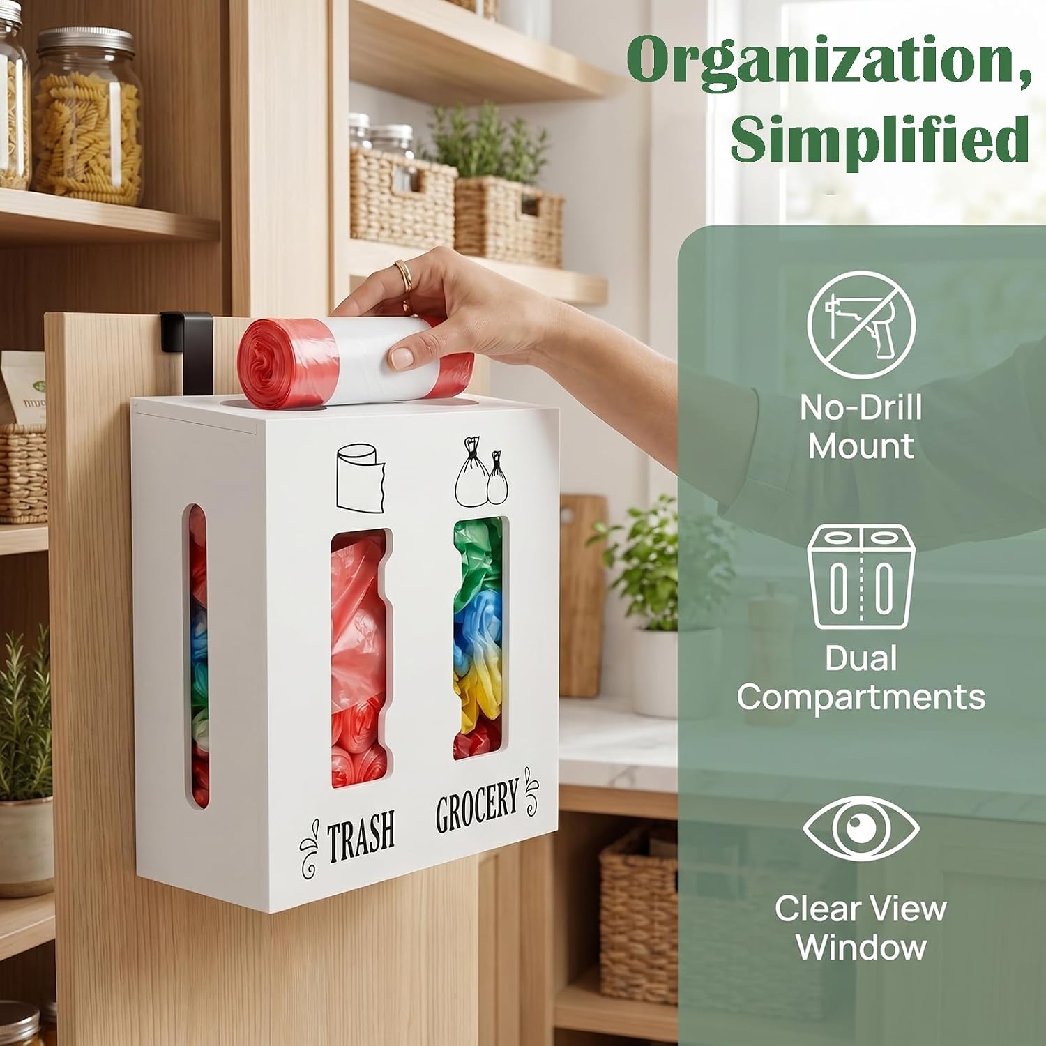 2 in 1 Trash Bag Dispenser and Grocery Bag Holder, Large Wooden Trash Bag Holder,Trash Bag Dispenser for Grocery Bags and Plastic Bags,Kitchen Cabinet Under Sink Organizers and Storage
