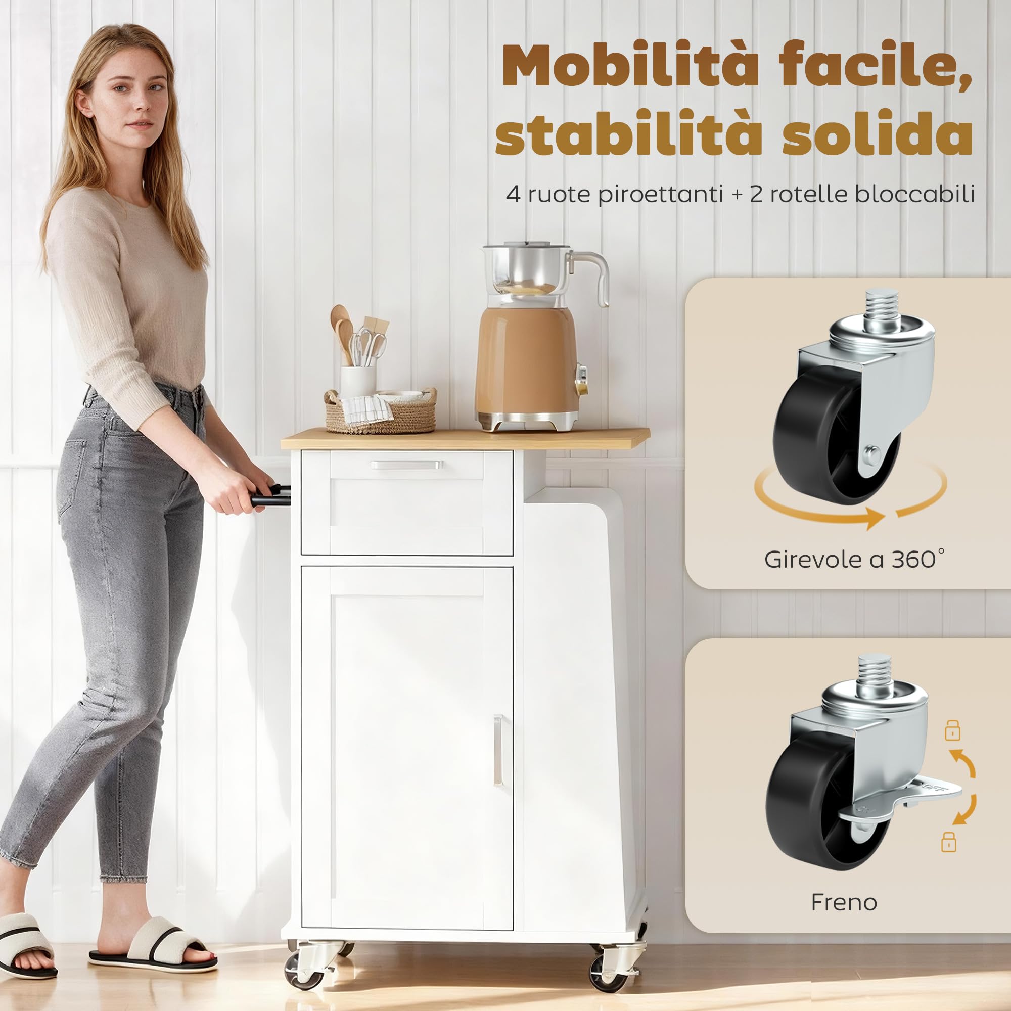HOMCOM Chariot Cuisine Roulant, Portes Soft-Close, 62x40x87 cm, Blanc