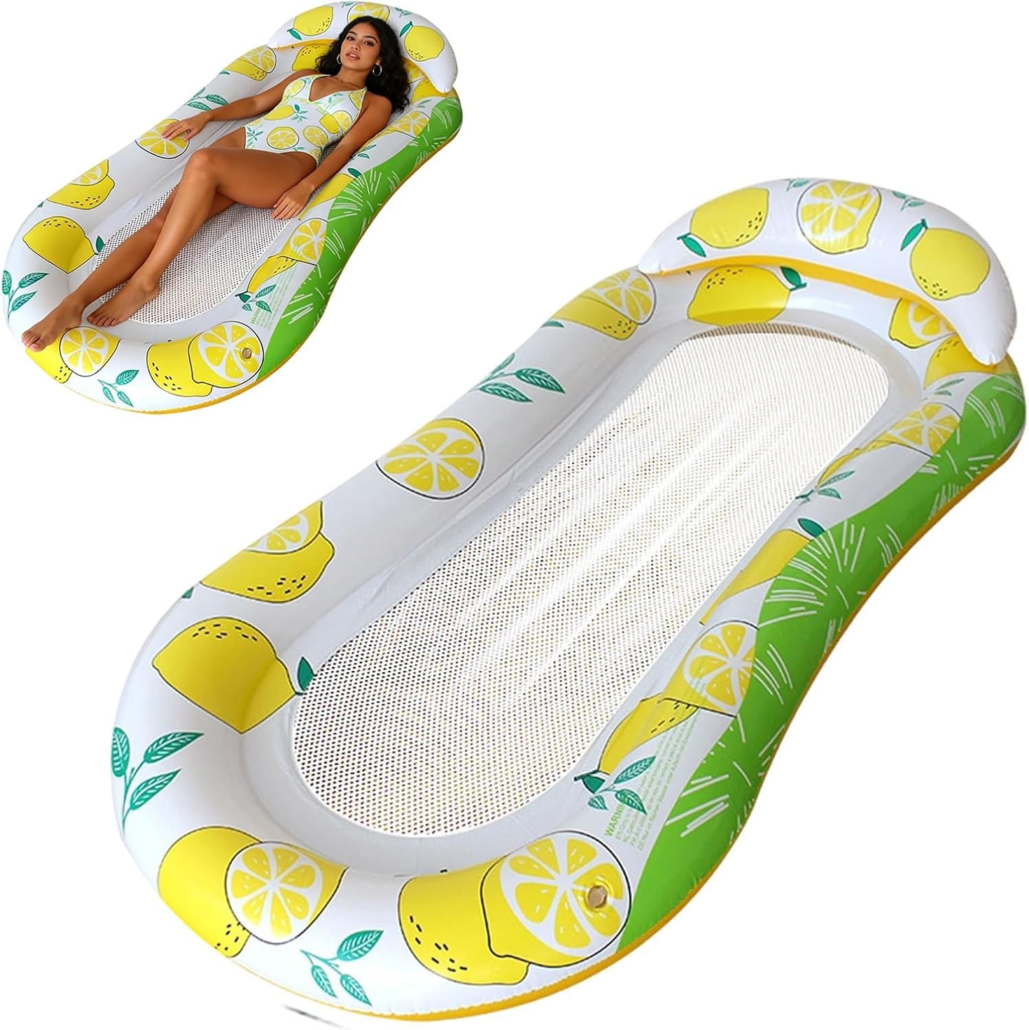 Inflatable Pool Float Lounge Chair, Mesh Water Hammock with Headrest, Floating Lounge for Sunbathing Relaxation, Summer Pool Accessory for Beach Lake, Yellow Green, 160x85x30cm, 1-Pack (Yellow)