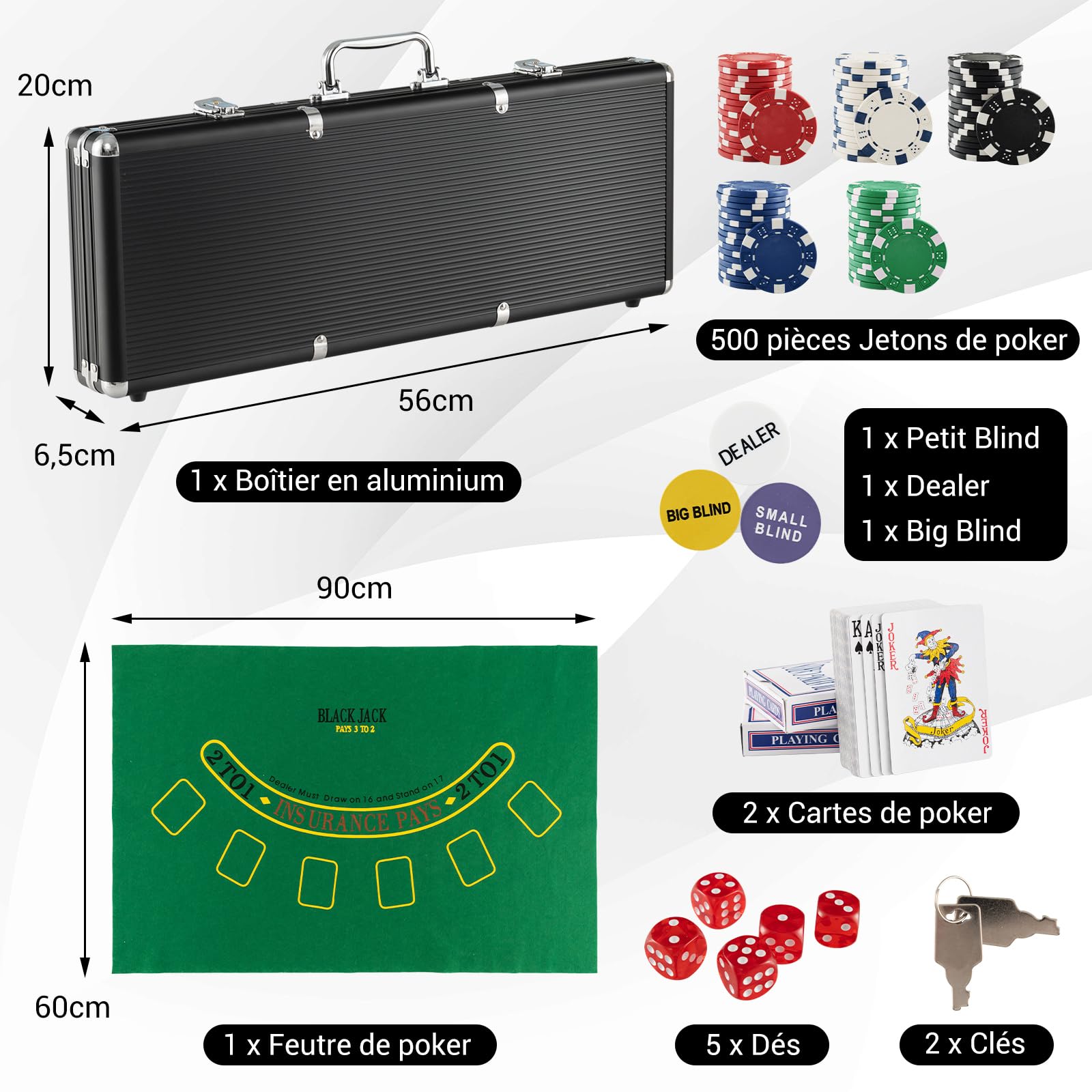 COSTWAY Mallette de Poker avec 500 Jetons & 2 Jeux de Cartes, Coffret de Poker en Aluminium avec 5 Dés & 1 Bouton Dealer (Noir)