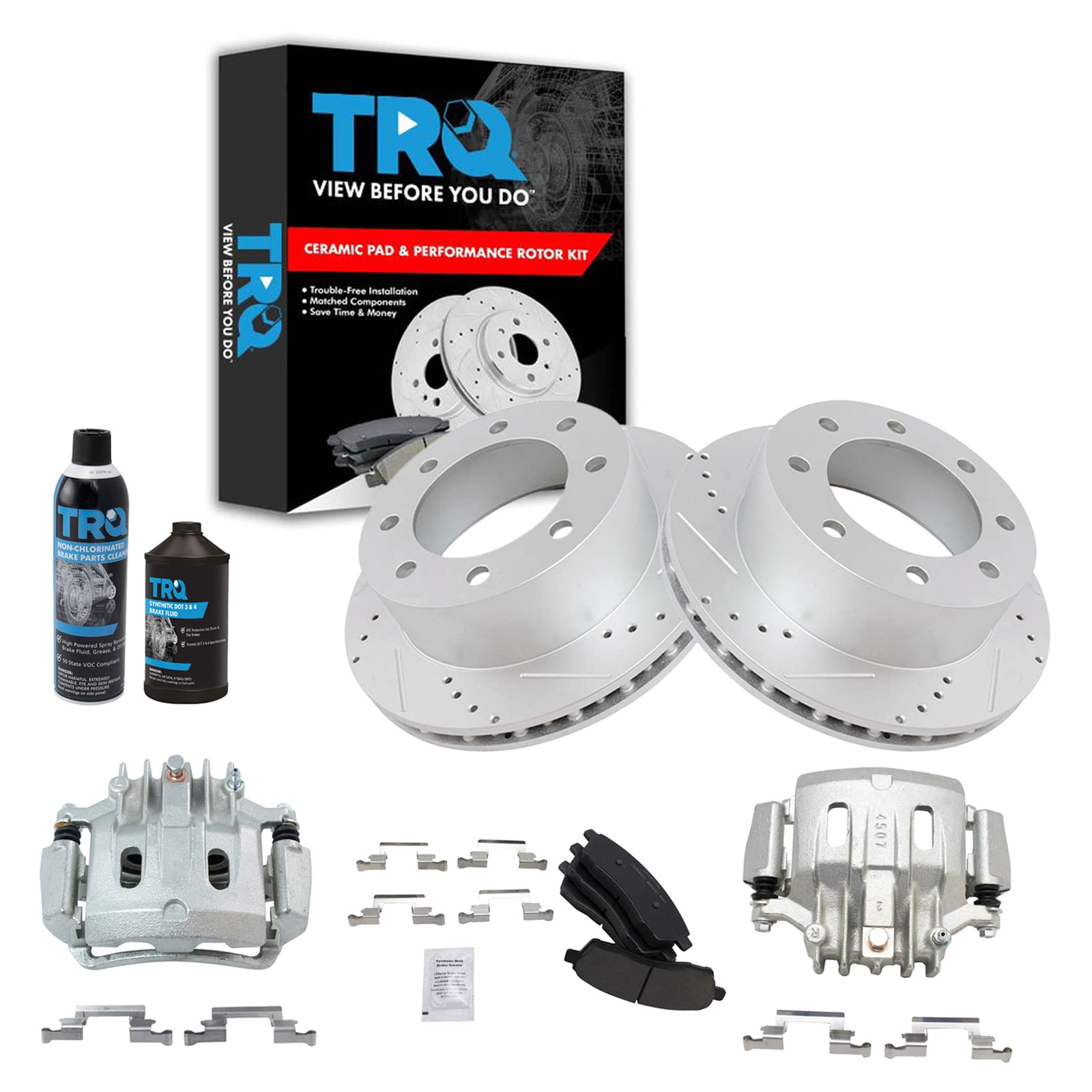 TRQ Performance Rear Brake Pad &amp; Rotor Kit Premium G-Coated Slotted X Drilled Ceramic Compatible with 2000-2005 Ford Excursion 2000-2004 F-250 Super Duty F-350 Super Duty